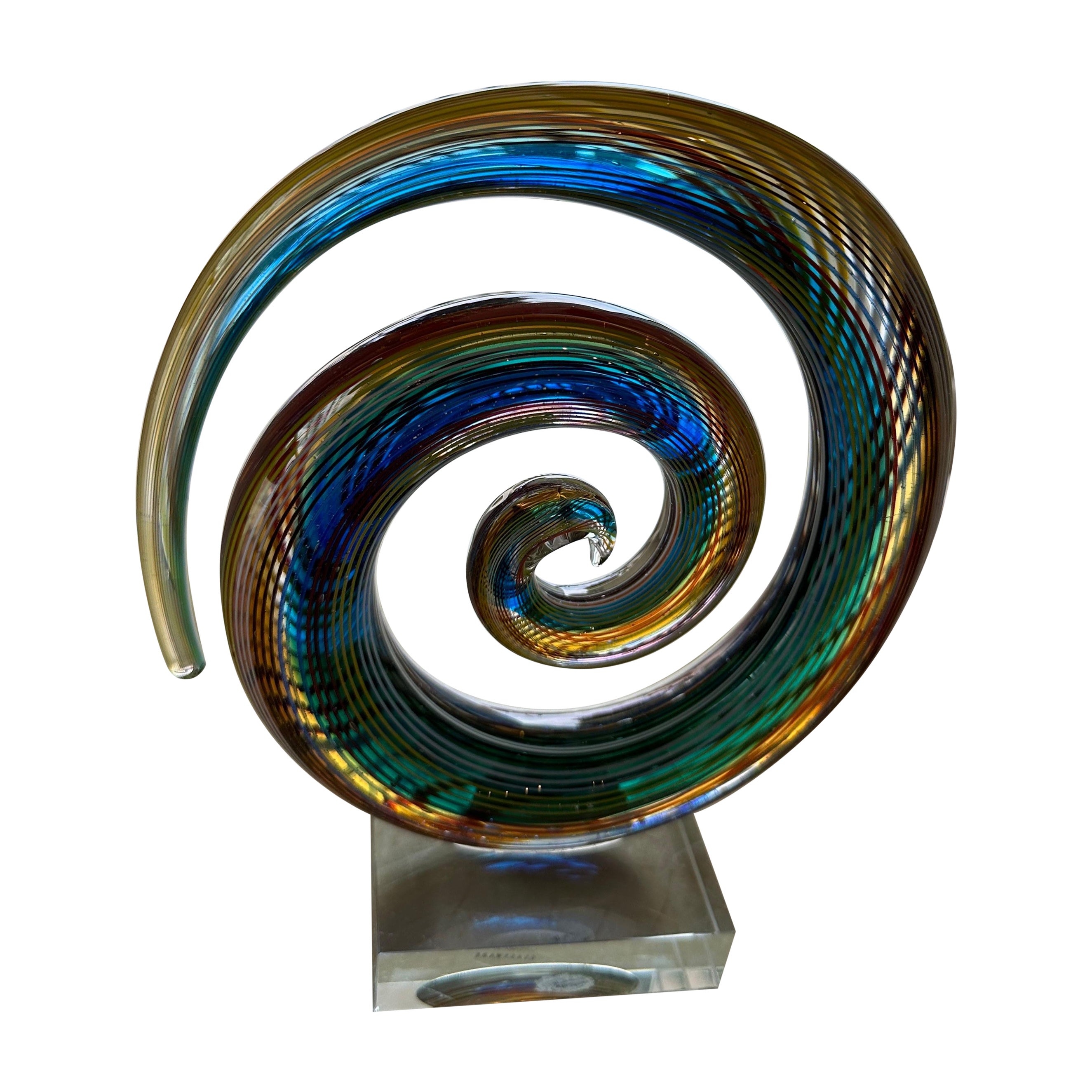 Sculpture abstraite vintage en verre de Murano en forme de tourbillon arc-en-ciel coloré sur lucite 