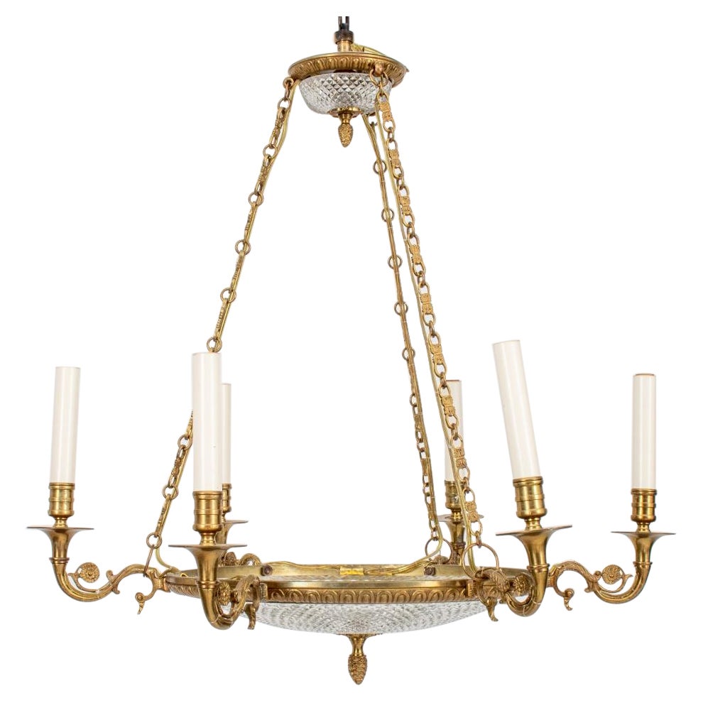 Empire Style Glass Gilt Metal 6 Light Chandelier For Sale