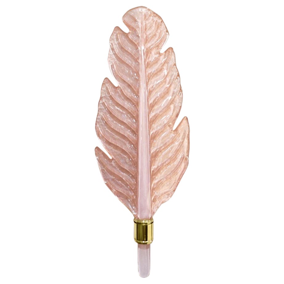 Contemporary Italian Art Deco Pink Murano Glass & Brass Feather Leaf Wall Light