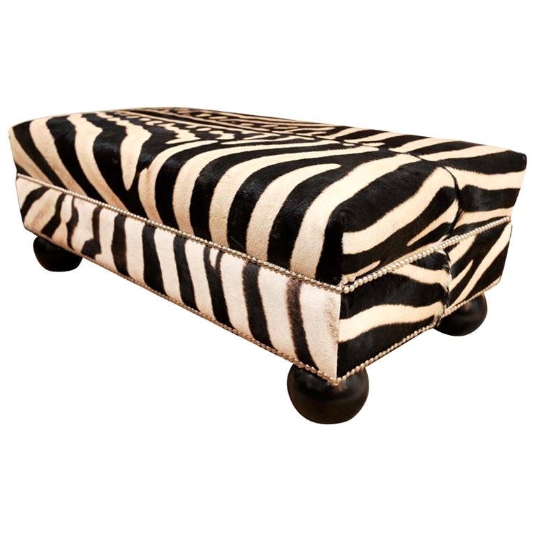 Zebra Ottoman, Made in Usa, Zebra Hides from South Africa, Wood Legs, Nail Heads For Sale