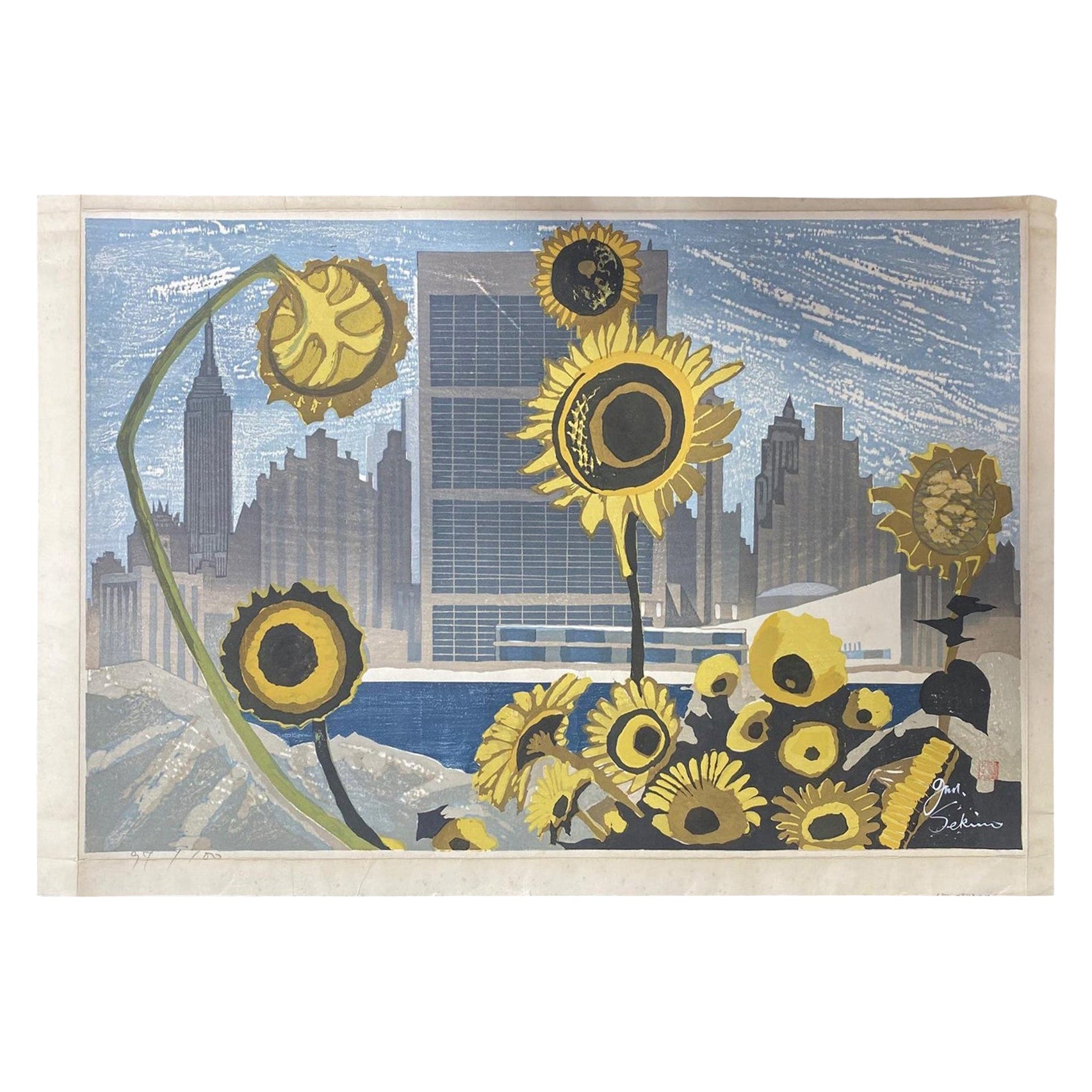 Junichiro Sekino firmato in edizione limitata. Stampa giapponese Woodblock Fiori e New York
