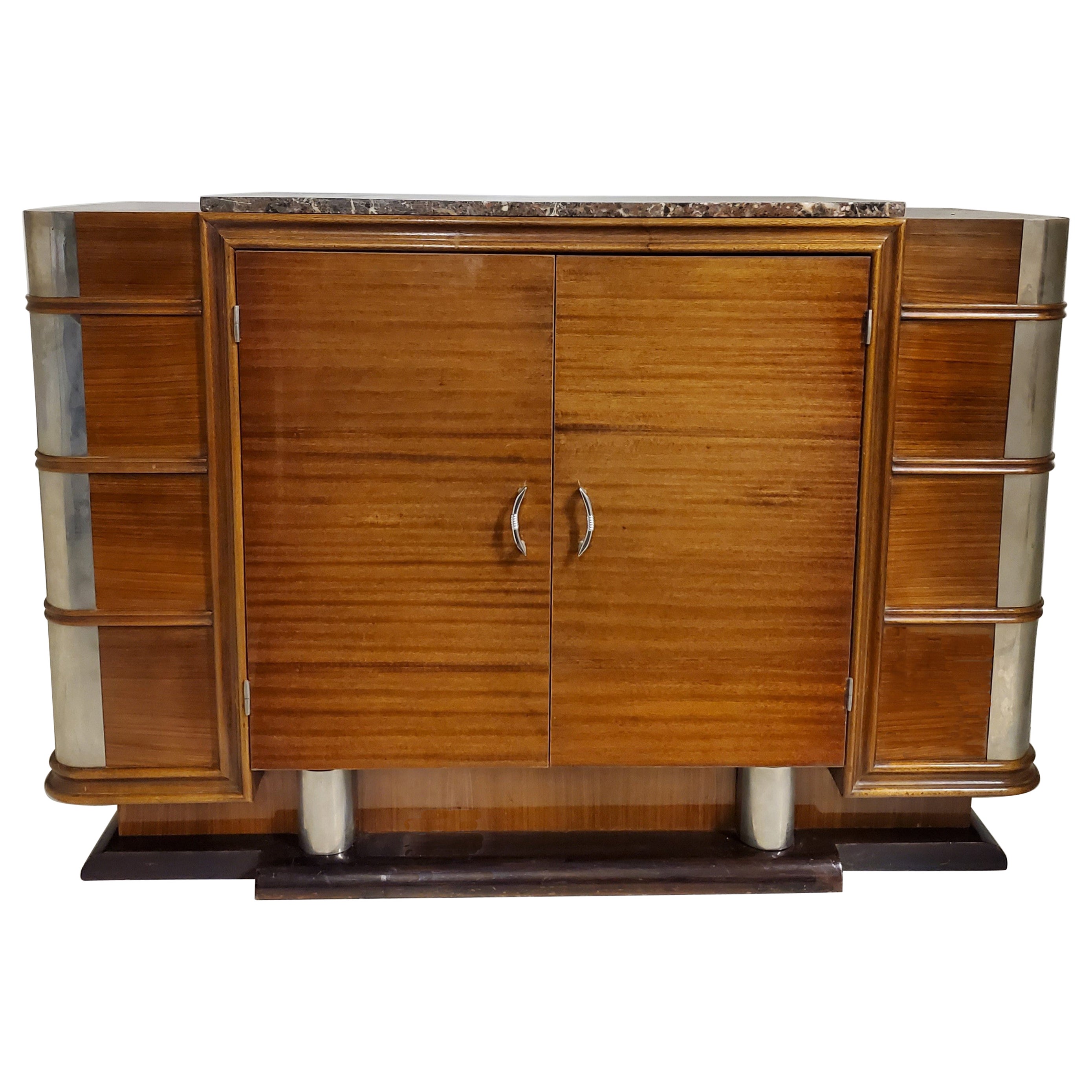 Ribbon stripe mahogany French Art Deco cabinet w/ nickel mounts