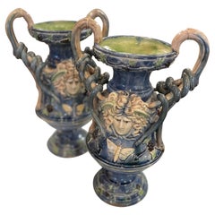 Antique 19th Century Pair of French Majolica Urns
