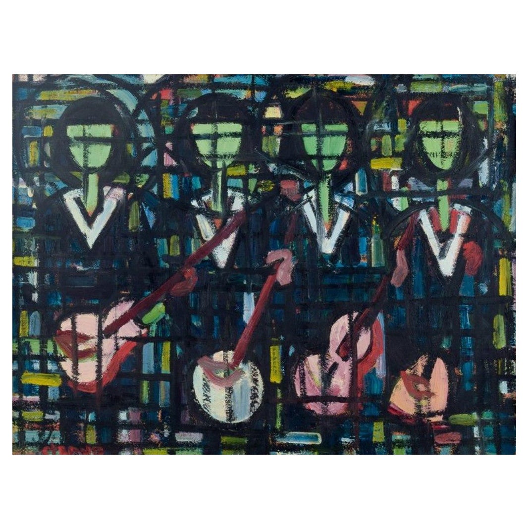 Scandinavian painter. Musicians. Oil on panel. In modernist style. 1970s. For Sale