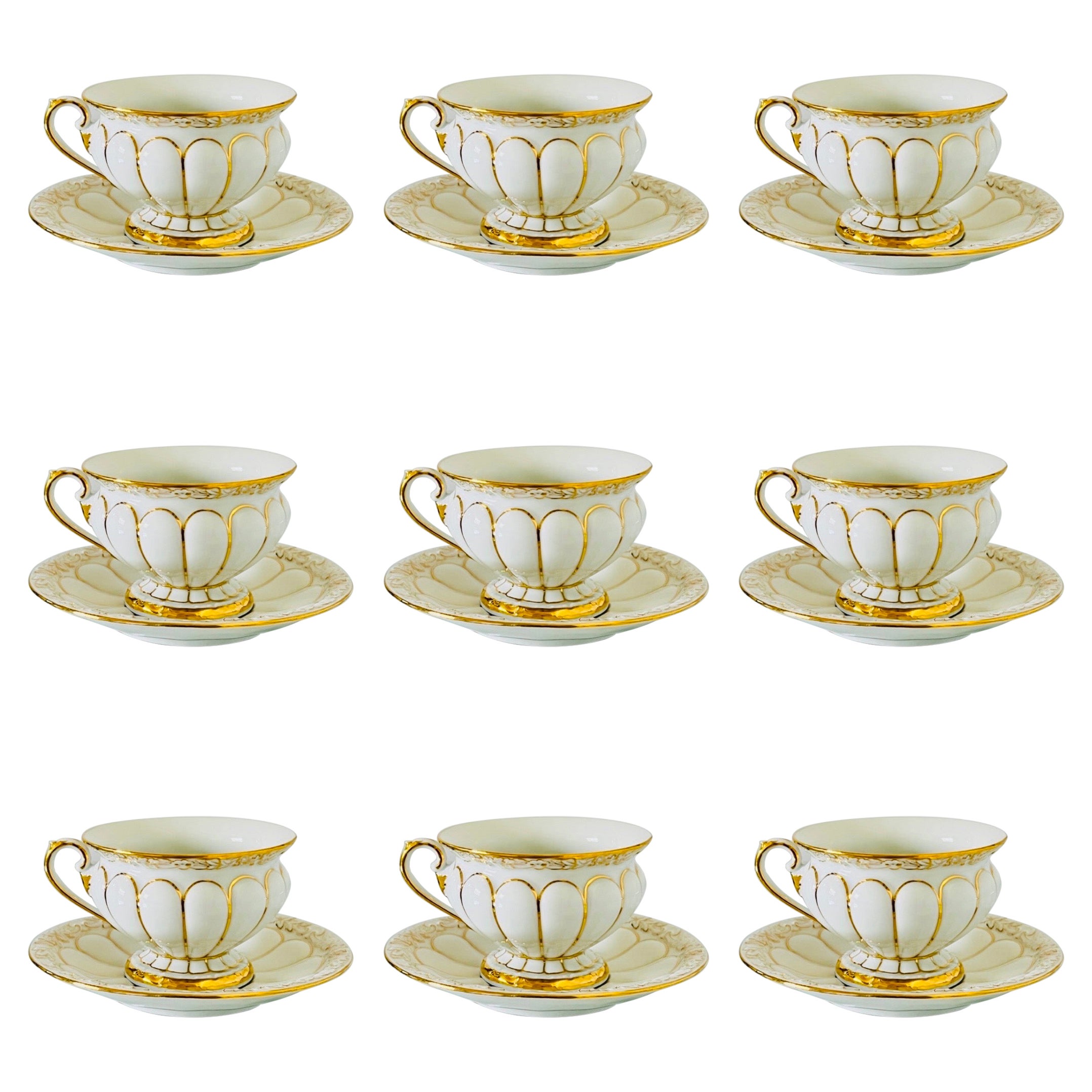 Meissen Germany Baroque Porcelain and Gold Cups and Saucers, Set / 13