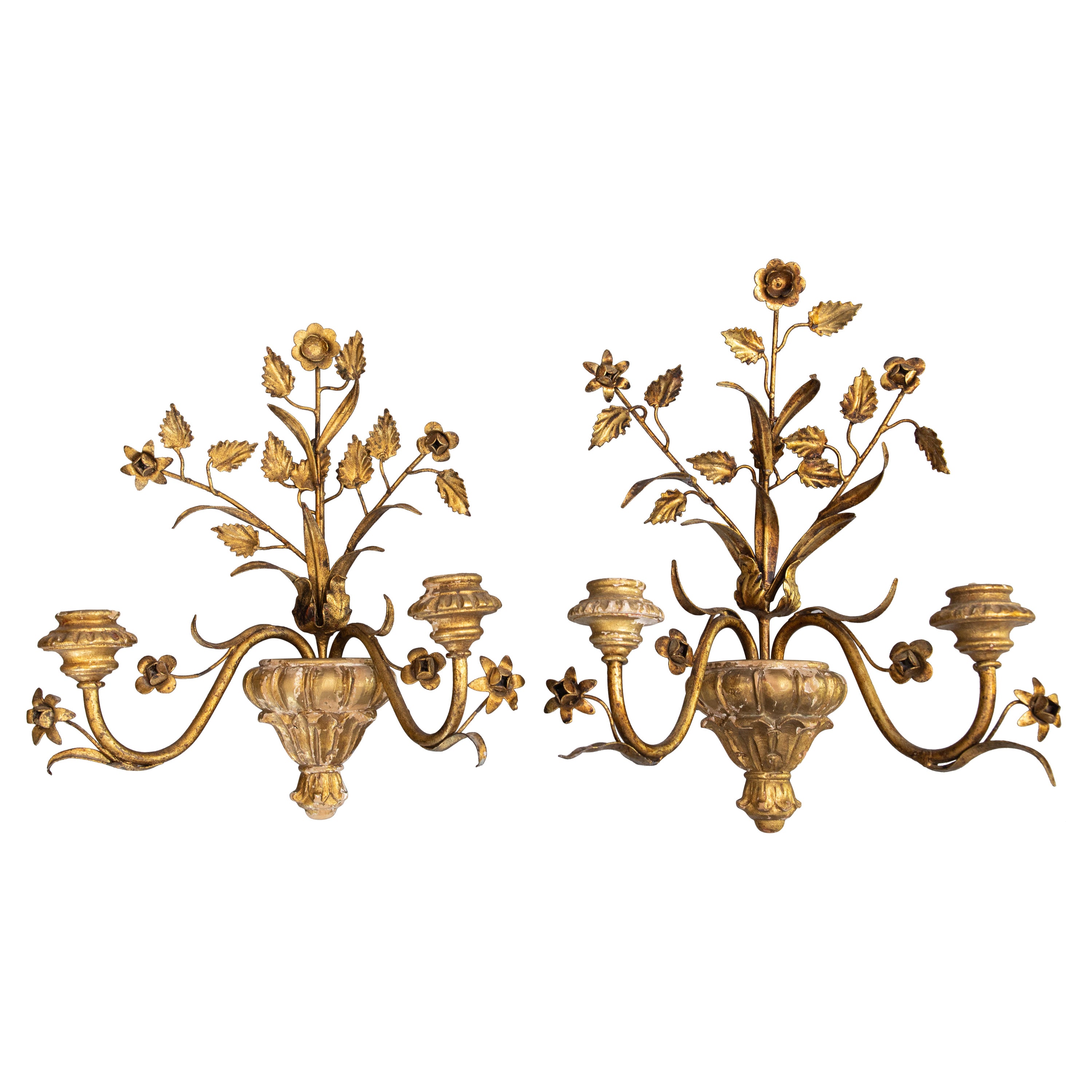 Pair of Italian Gilt Tole & Giltwood Floral Candle Wall Sconces, circa 1940