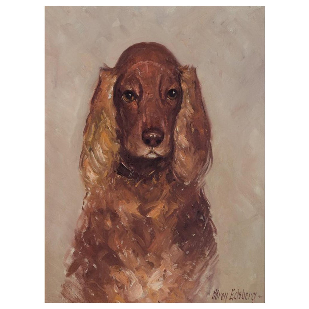 Søren Edsberg, artiste danois. Portriat d'un chien. Cocker. Huile sur toile.  en vente