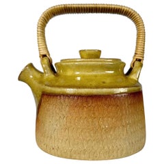 Vintage Signe Persson Melin Teapot Relief Pattern Woven Cane Handle Sweden 1950s