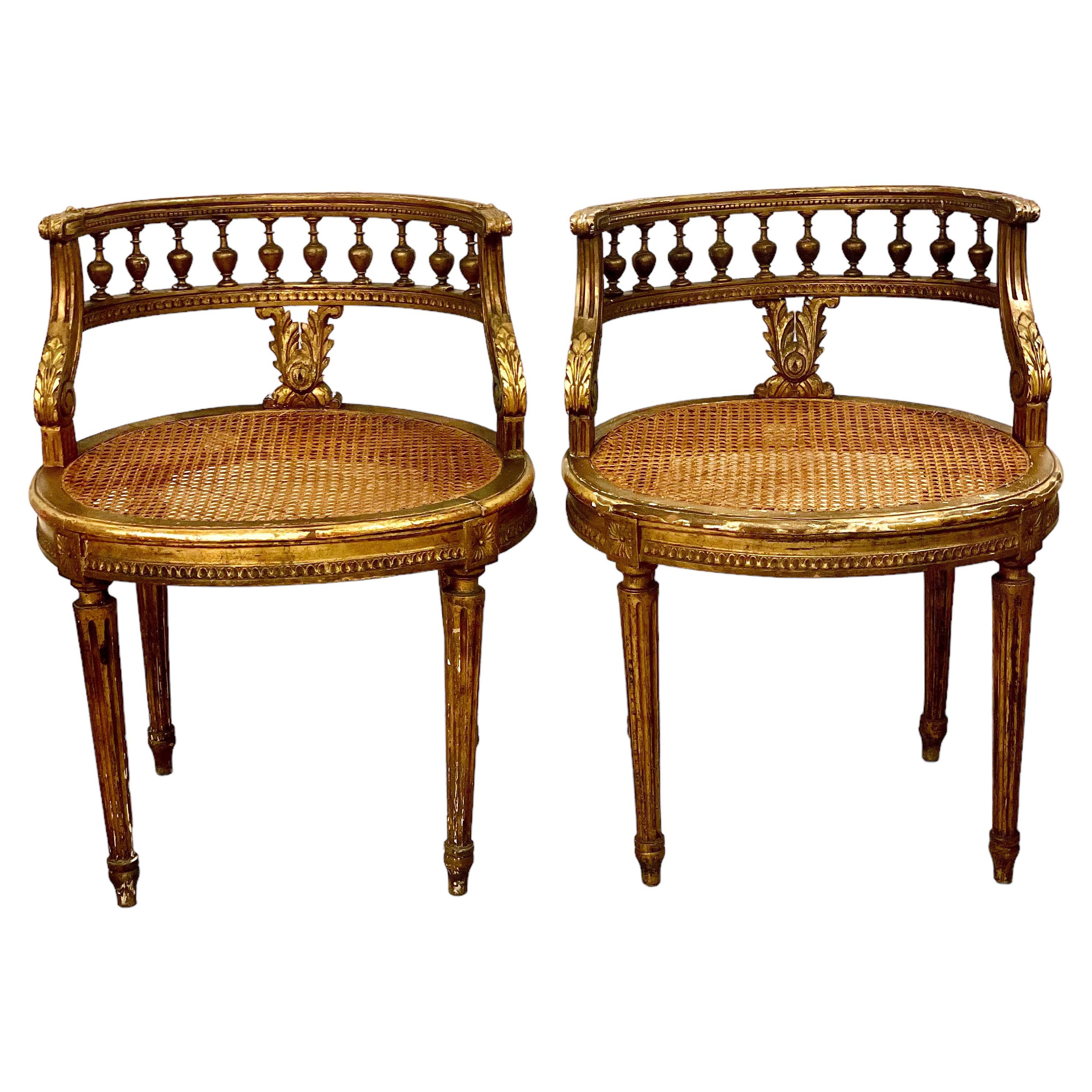 Paar antike französische Louis-XVI-Stühle mit vergoldetem Rohrgestell 