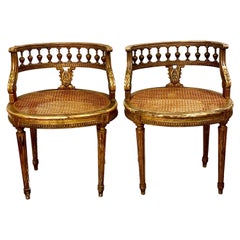 Pair of Louis XVI Gilt Cane Vanity Chairs with Gondola Backrests, 19th Century