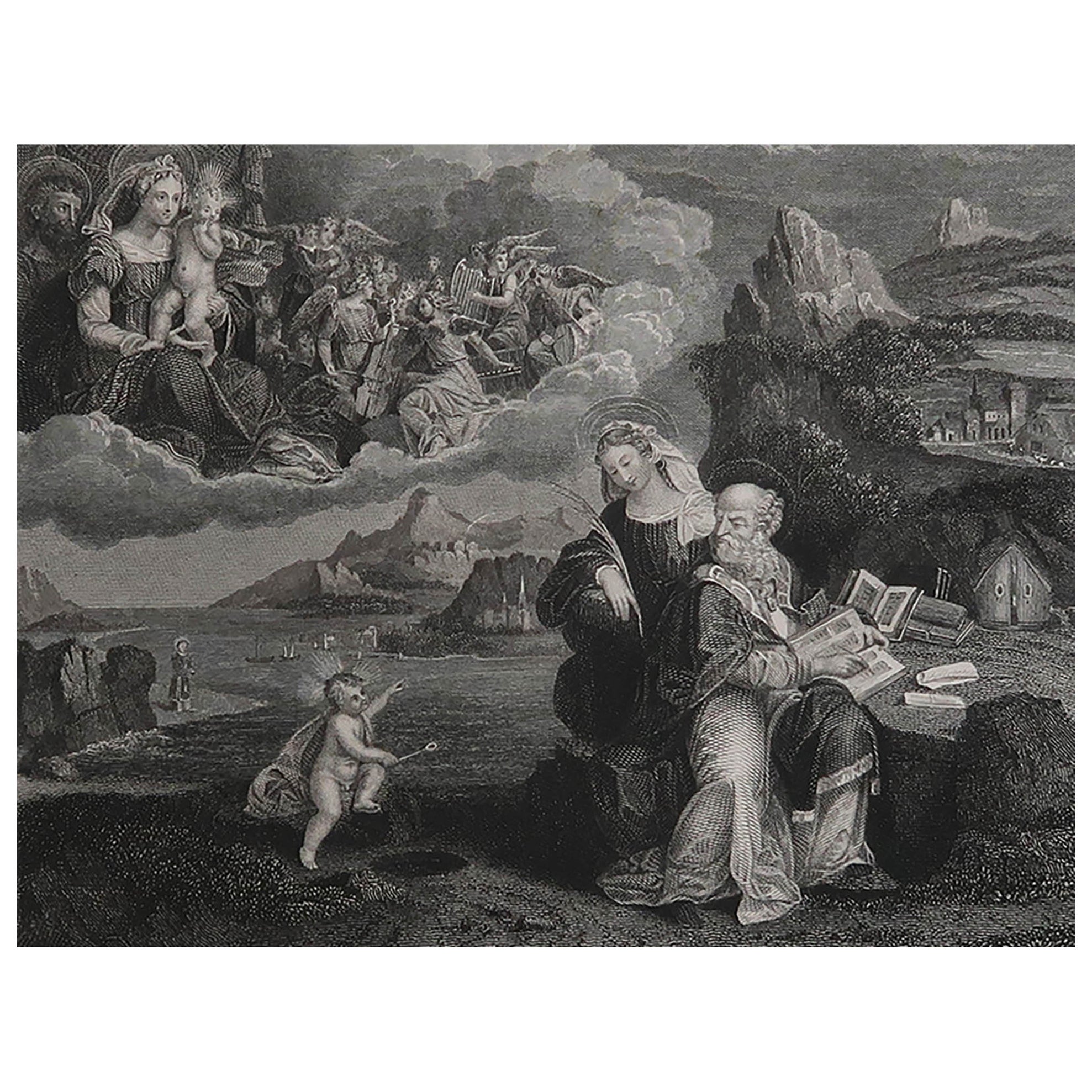 Impression ancienne originale de la vision de Saint Augustin d'après Garofalo. C.1840 en vente