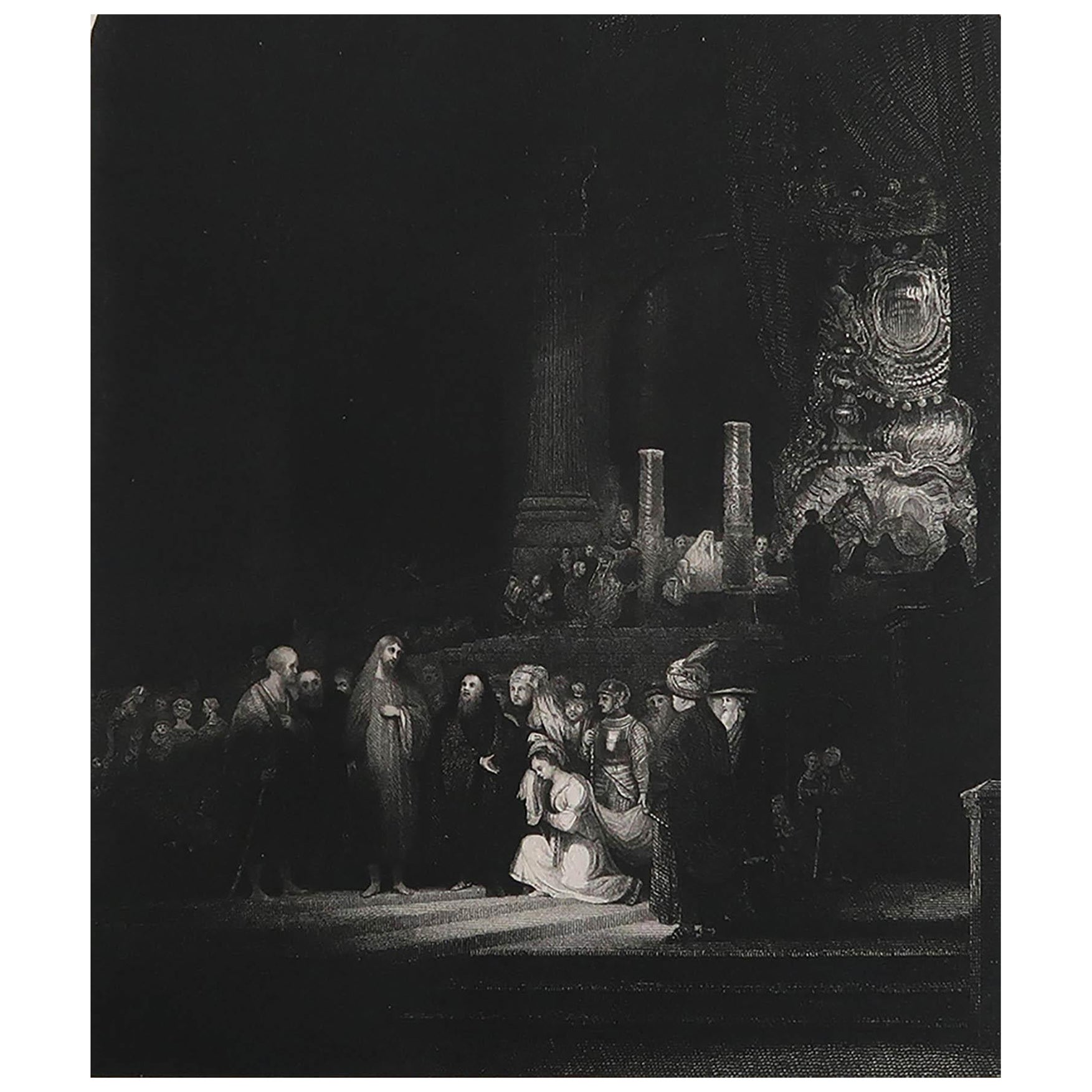 Antiker Druck nach Rembrandt, „die Frau, die im Erwachsenenleben genommen wird“, um 1850