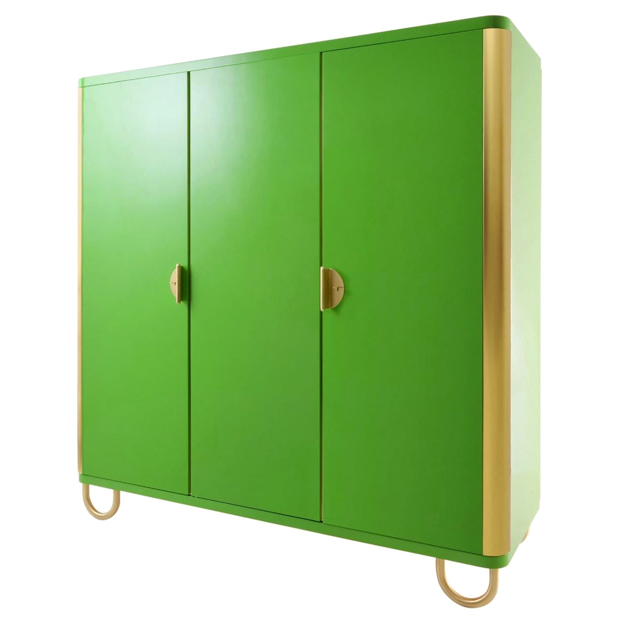 Customized Modernist Three-Door Wardrobe, Brass Hardware, Glossy Lacquered Wood For Sale