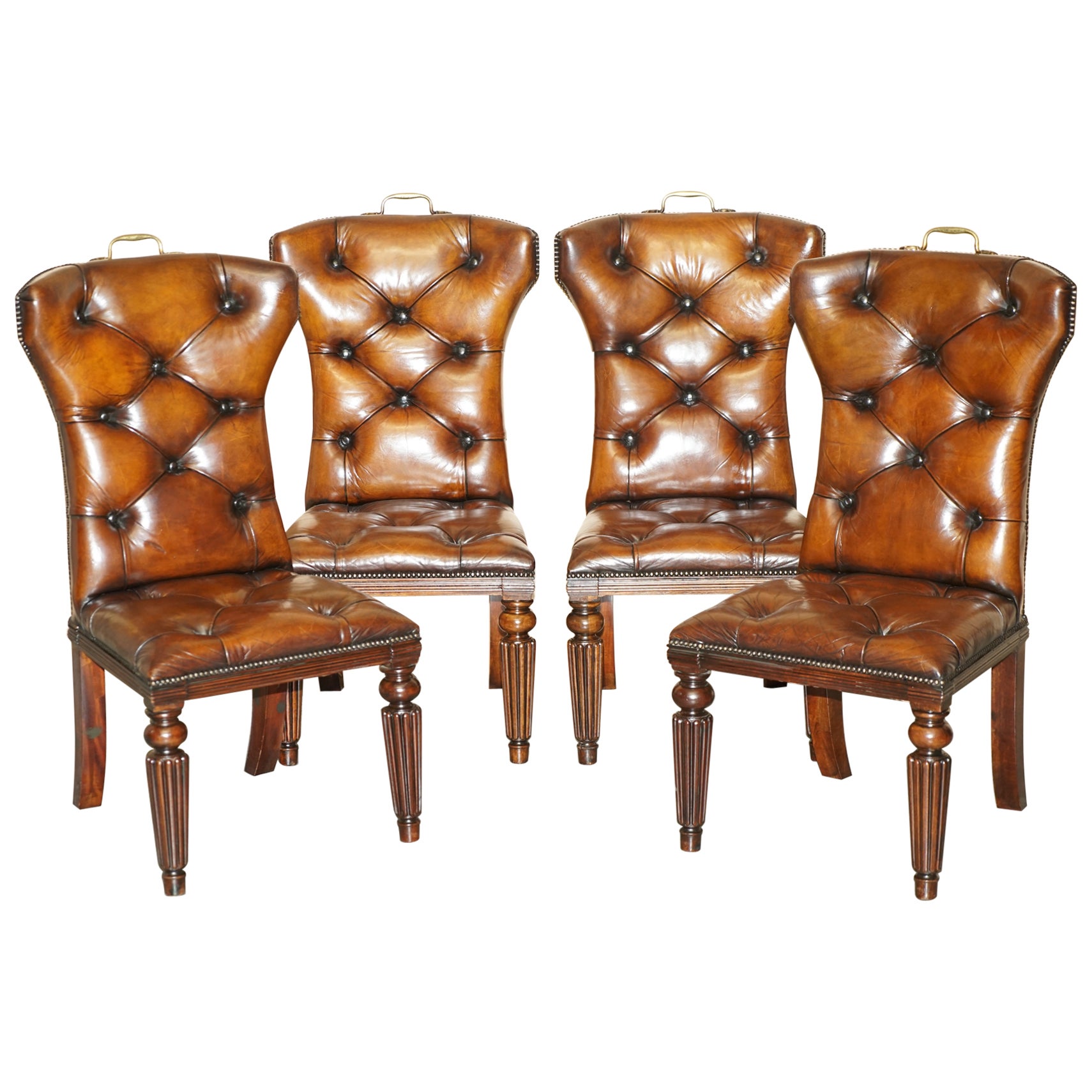 FOUR RESTORED RALPH LAUREN BROWN LEATHER CHESTERFIELD DINING CHAIRs