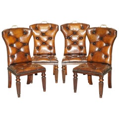 FOUR RESTORED RALPH LAUREN BROWN LEATHER CHESTERFIELD DINING CHAIRs