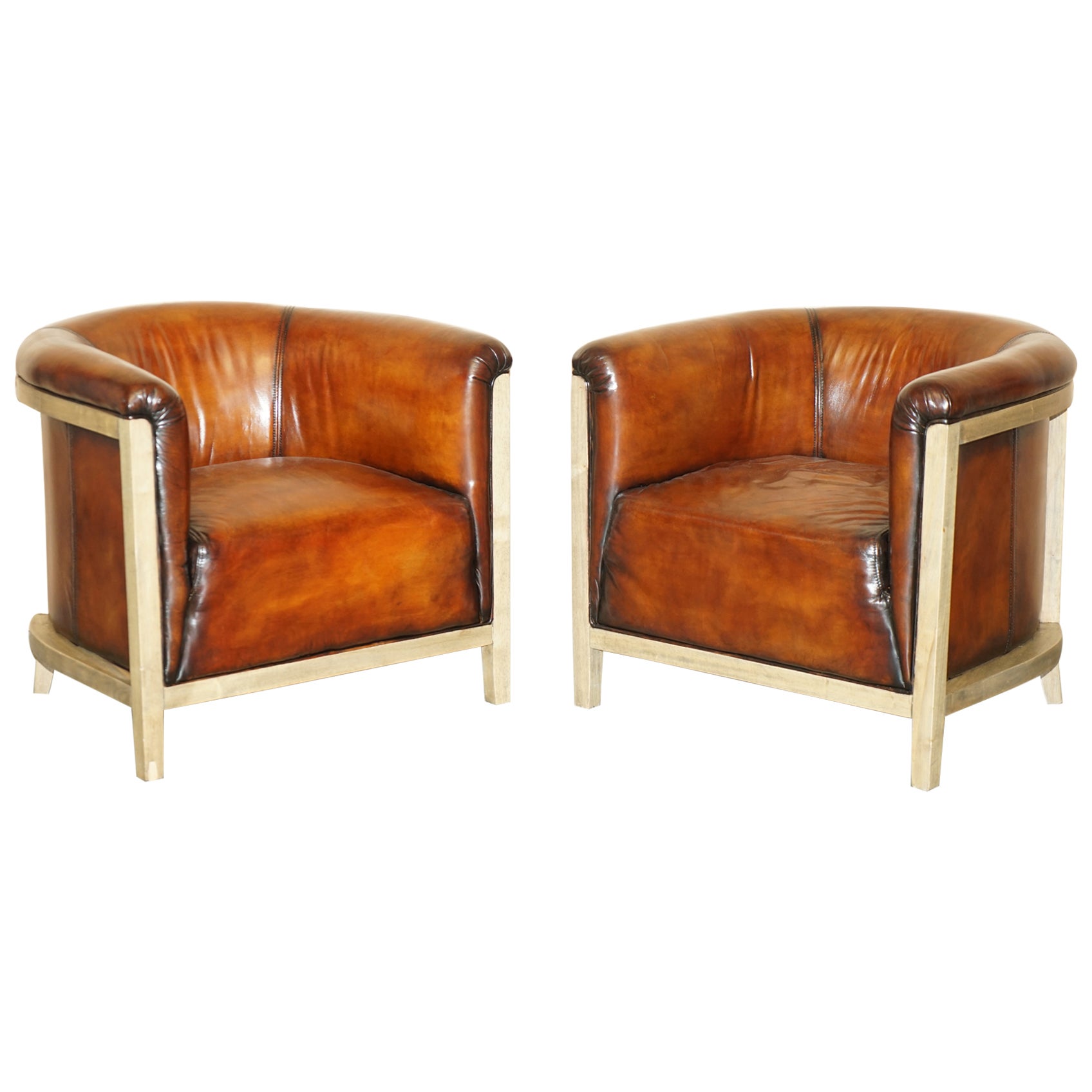 AIR OF FULLY RESTORED STiTCHED BROWN LEATHER LIMED OAK TUB / CLUB ARMCHAIRS im Angebot