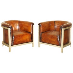 Used PAIR OF FULLY RESTORED STiTCHED BROWN LEATHER LIMED OAK TUB / CLUB ARMCHAIRS