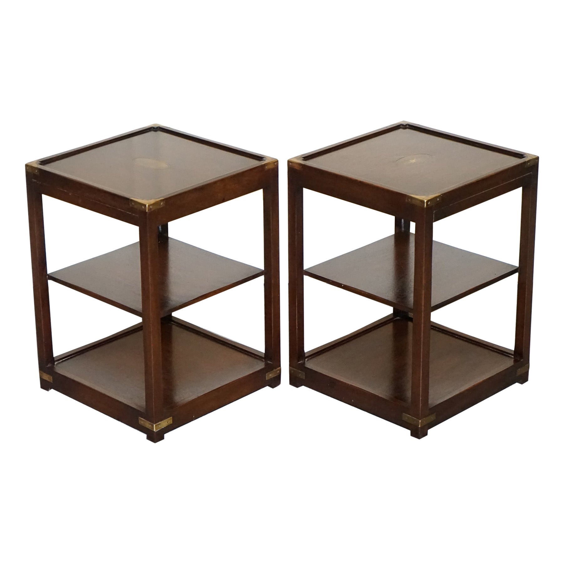 RESTORED PAiR OF HARRODS KENNEDY DOUBLE SIDED CAMPAIGN SIDE TABLES BUTLER TRAYS 
