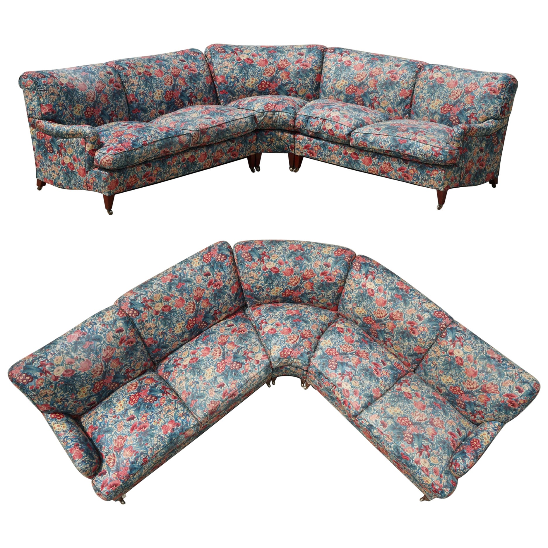 VINTAGE HOWARD & SON'S LONDON BRIDGEWATER LARGE 5 SEAT CORNER SOFA FLORAL FABRiC For Sale