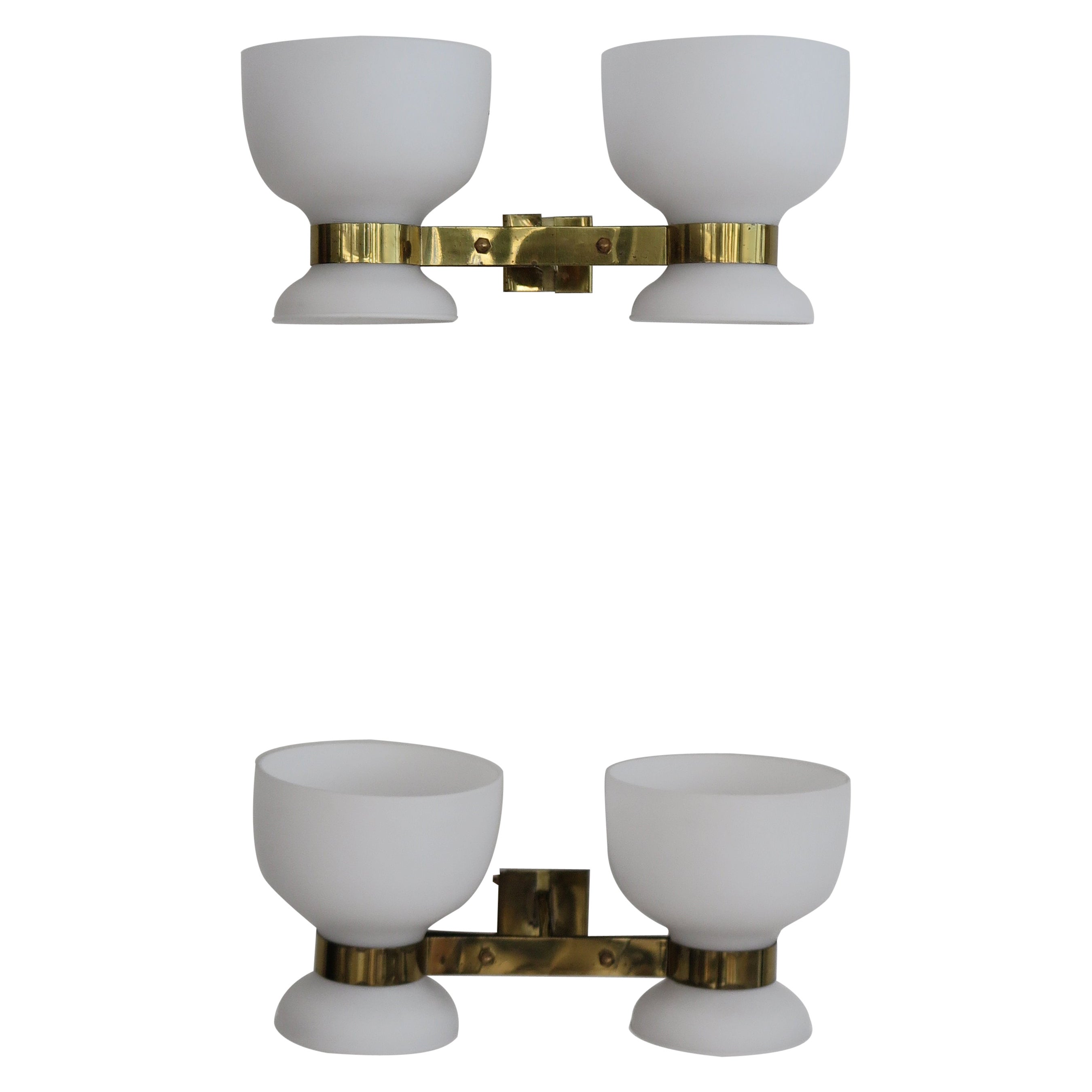 Stilnovo Italian Midcentury Modern Design Brass Glass Sconces Wall Lights 1950s For Sale