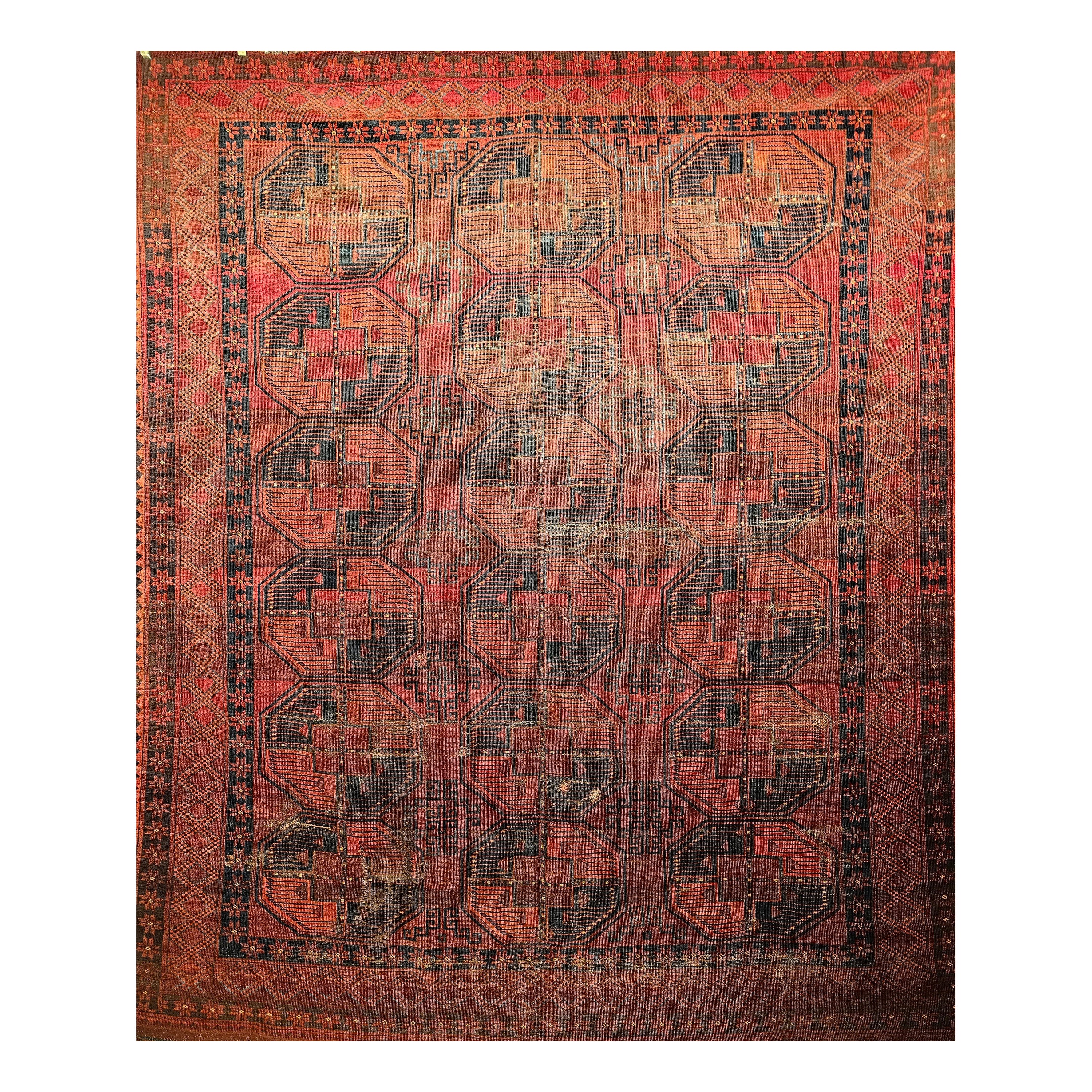 Vintage Turkmen Ersari in Allover Geometric Pattern in Red, Green, Black For Sale