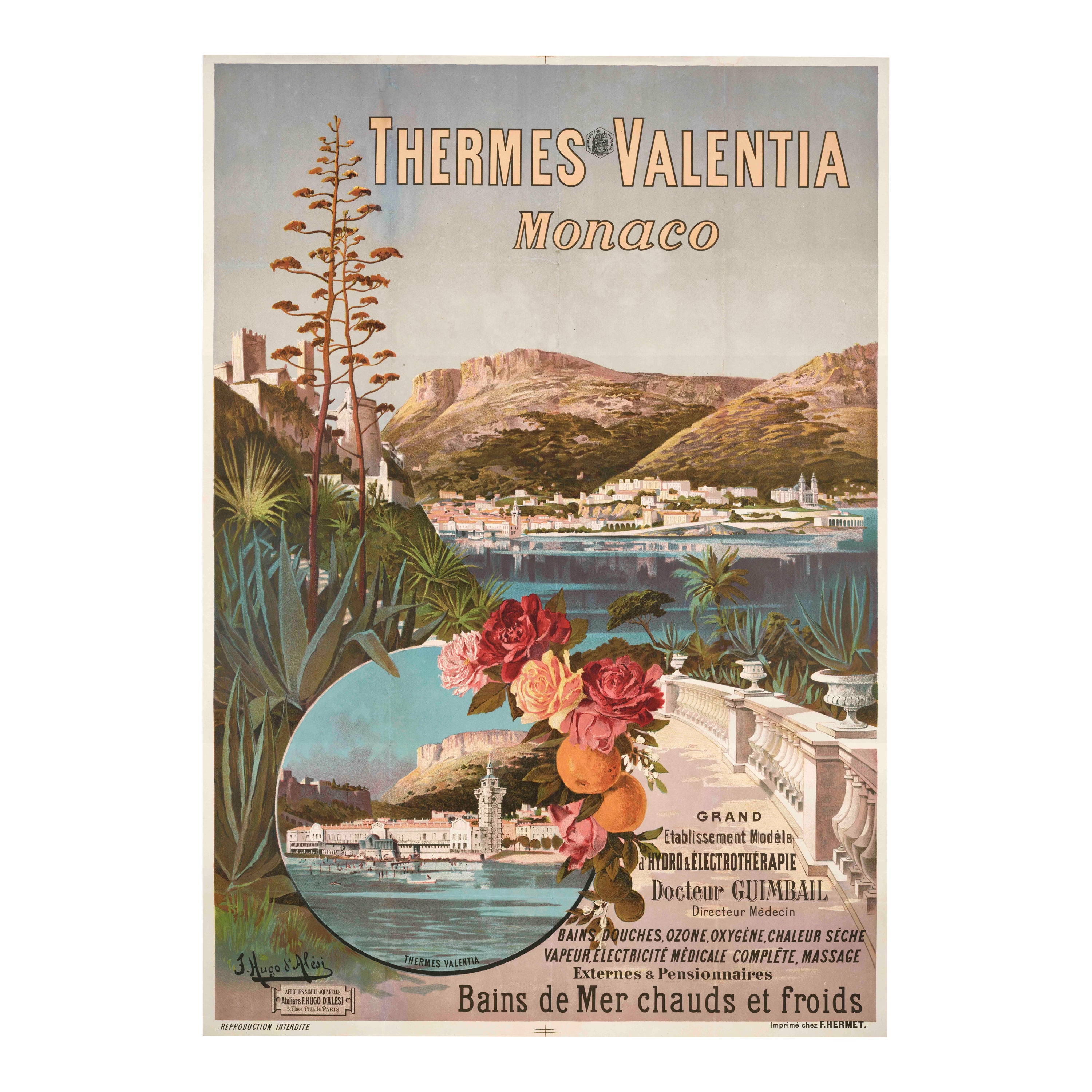 Affiche originale PLM d'Hugo d'Alesi, Monaco Monte-Carlo, bains thermiques, 1896 