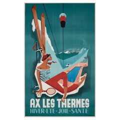 Rey R., Original Vintage Poster, Ax les Thermes, Pyrenees Mountain, Tennis, 1950