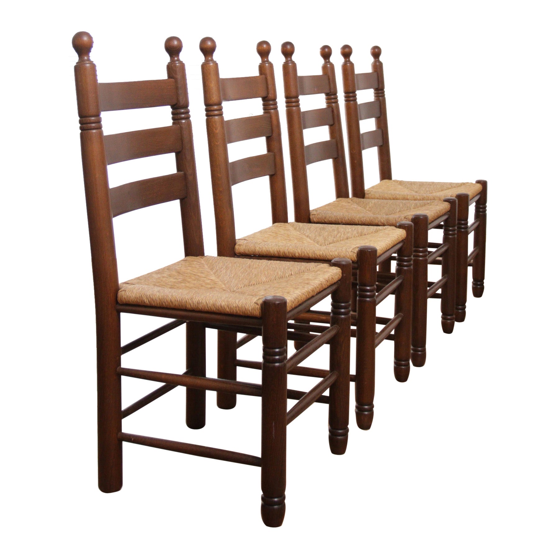 4 Rural French Ladder Back Dark Oak Rush Seat Dining Chairs