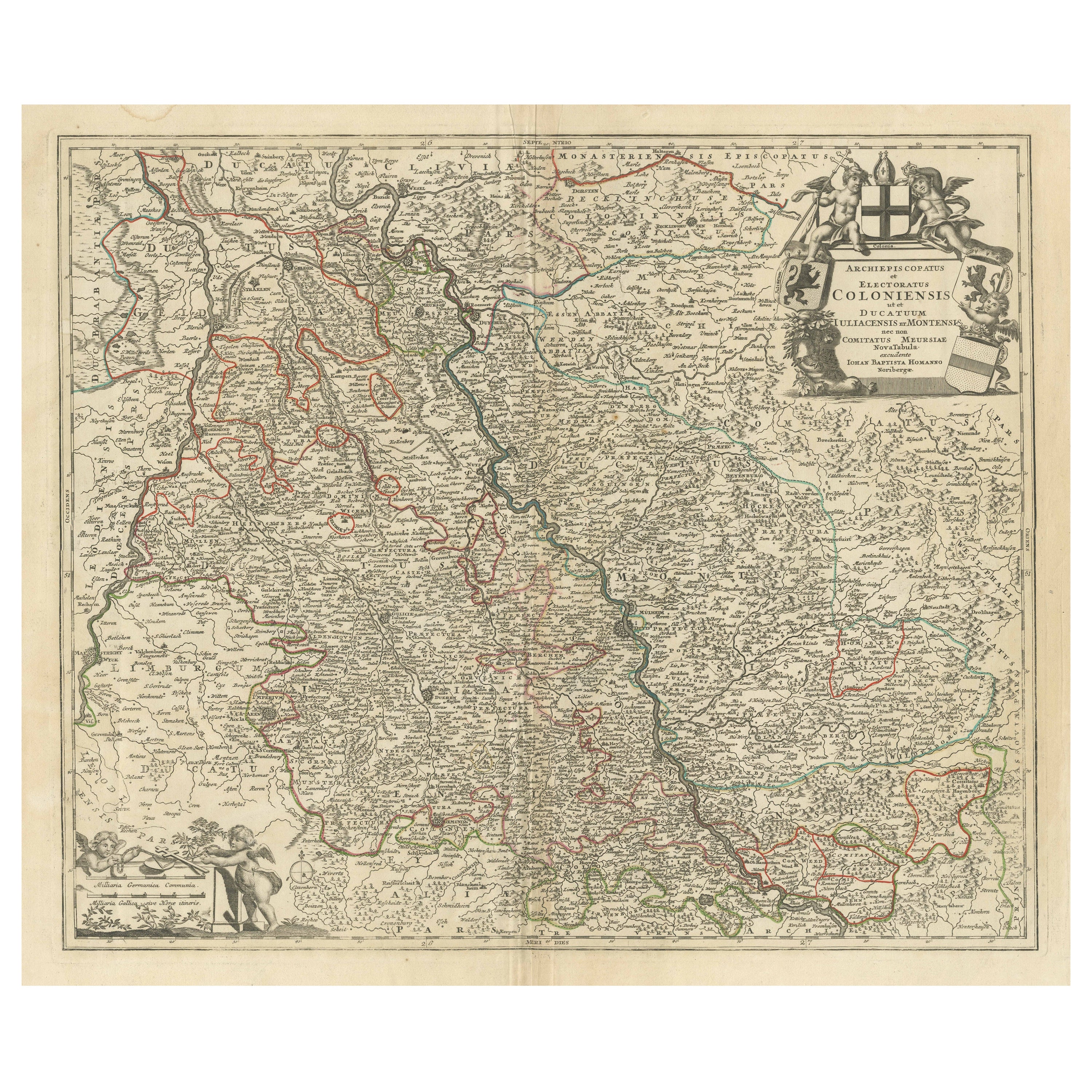 Antike Karte des Rheins mit Schwerpunkt auf Köln, Deutschland, mit farbigen Umrissen im Angebot