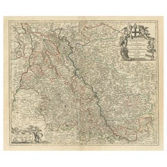 Antike Karte des Rheins mit Schwerpunkt auf Köln, Deutschland, mit farbigen Umrissen