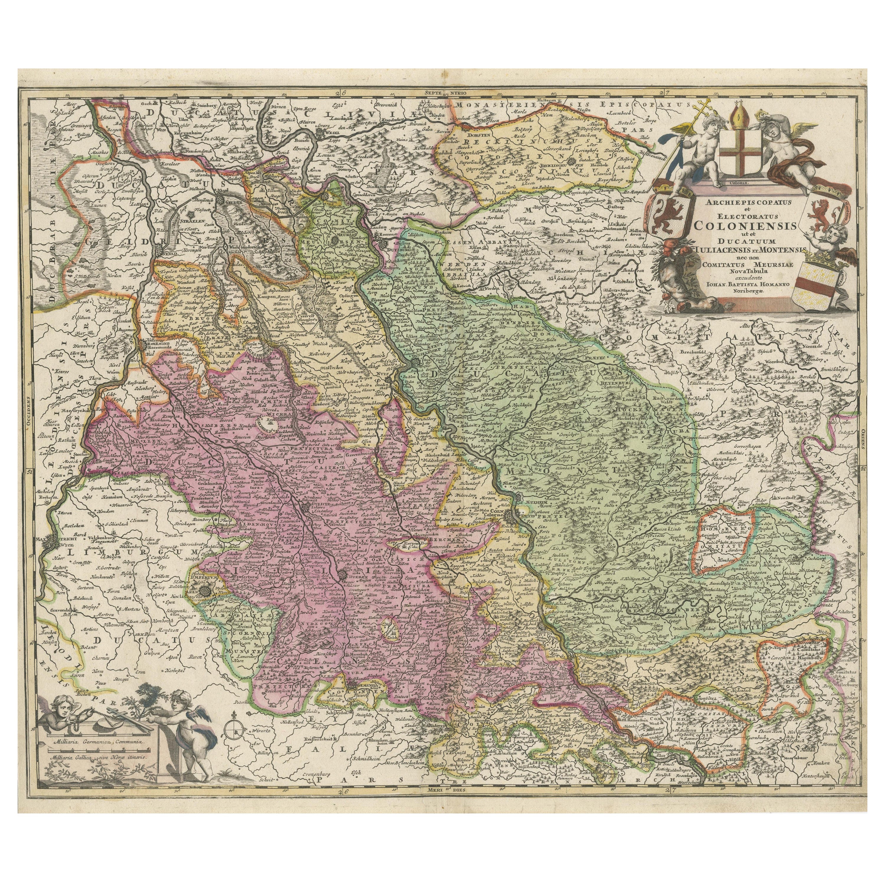 Antike Karte des Rheins mit Schwerpunkt auf Köln, Deutschland