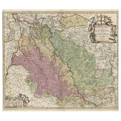 Mapa antiguo del Rin centrado en Colonia, Alemania