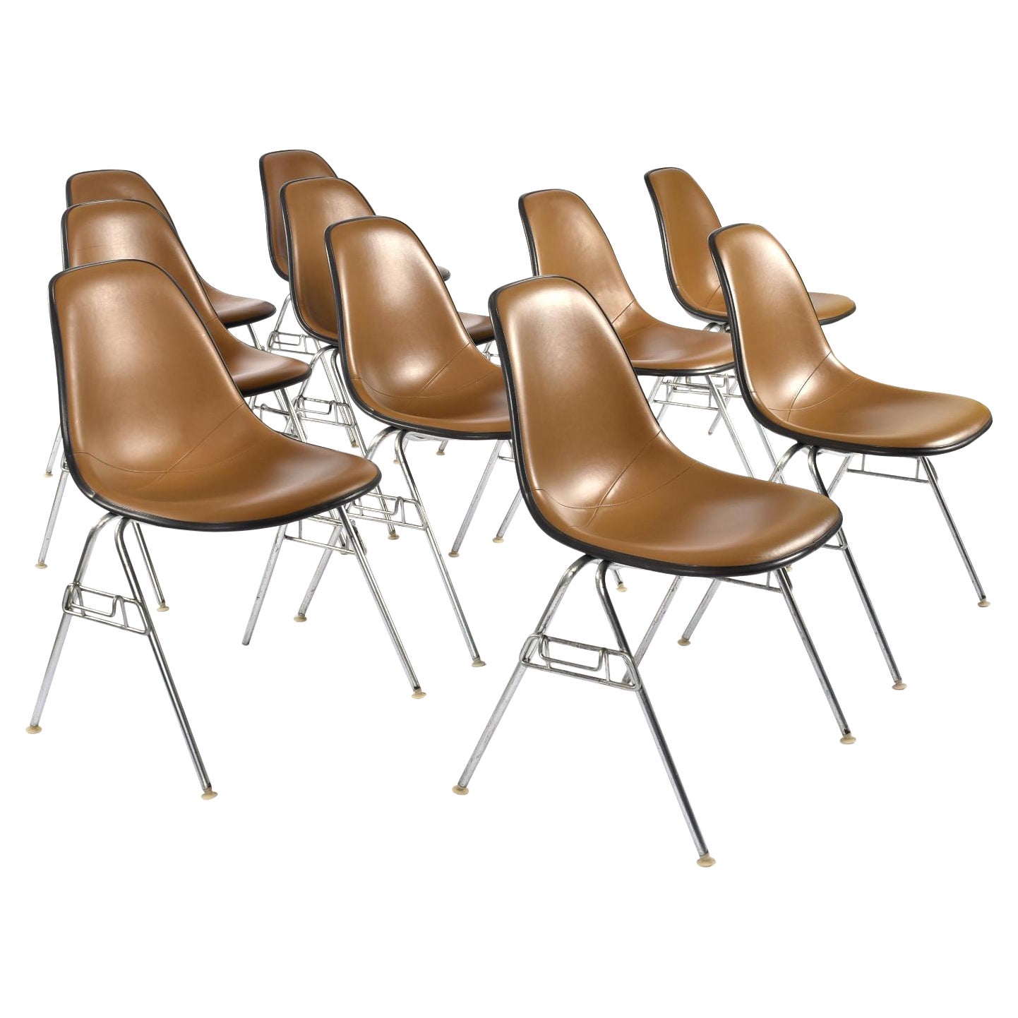 Satz von 10 Eames für Herman Miller Stacking Brown Naugahyde DSS Shell Chairs im Angebot