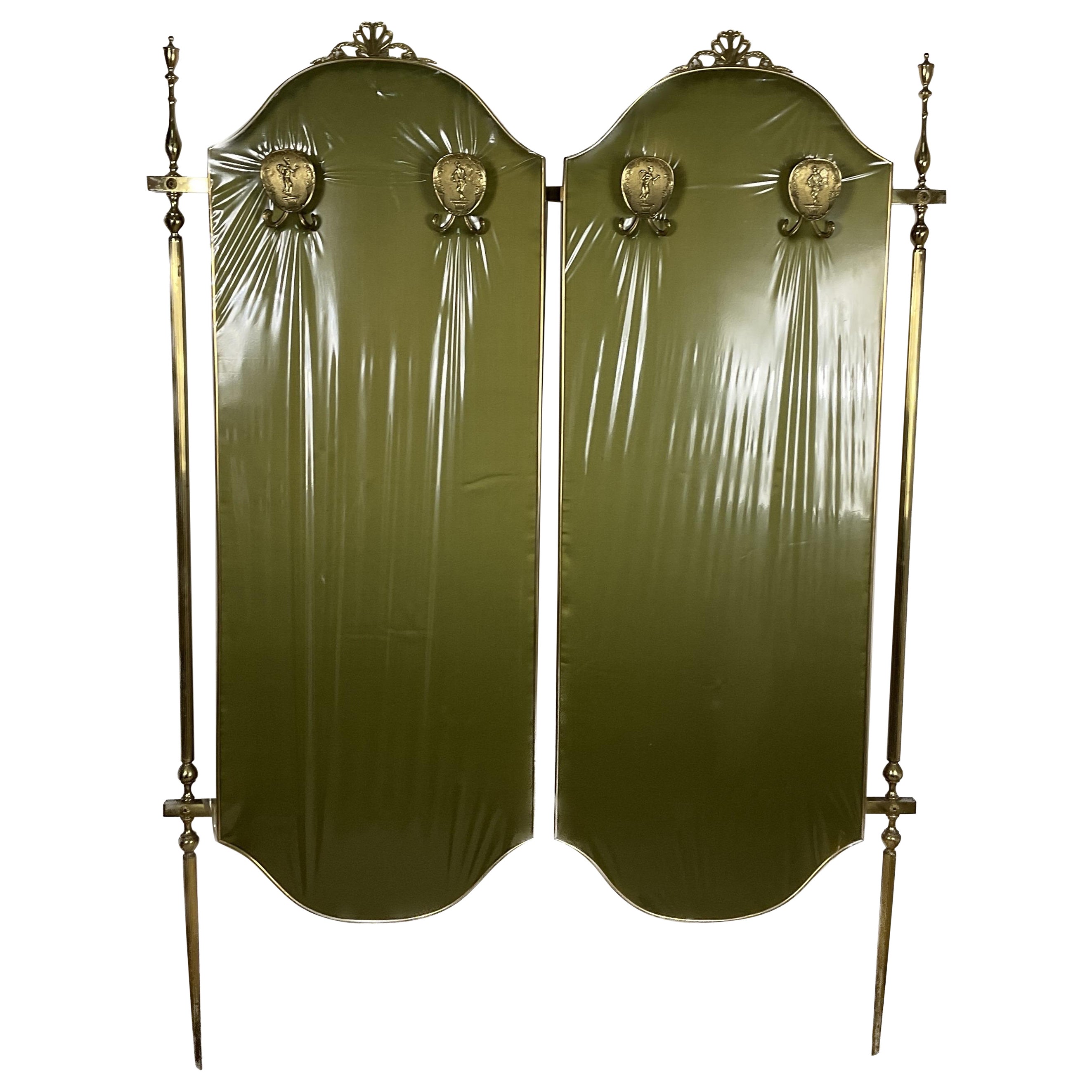 Clothes rack with brass structure, covered with wood at the back and with green