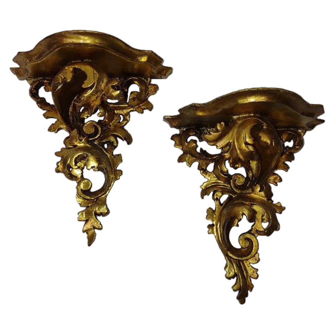 A Pair of Italian Gilt Wood Rococo Style Wall Bracket Shelves  For Sale