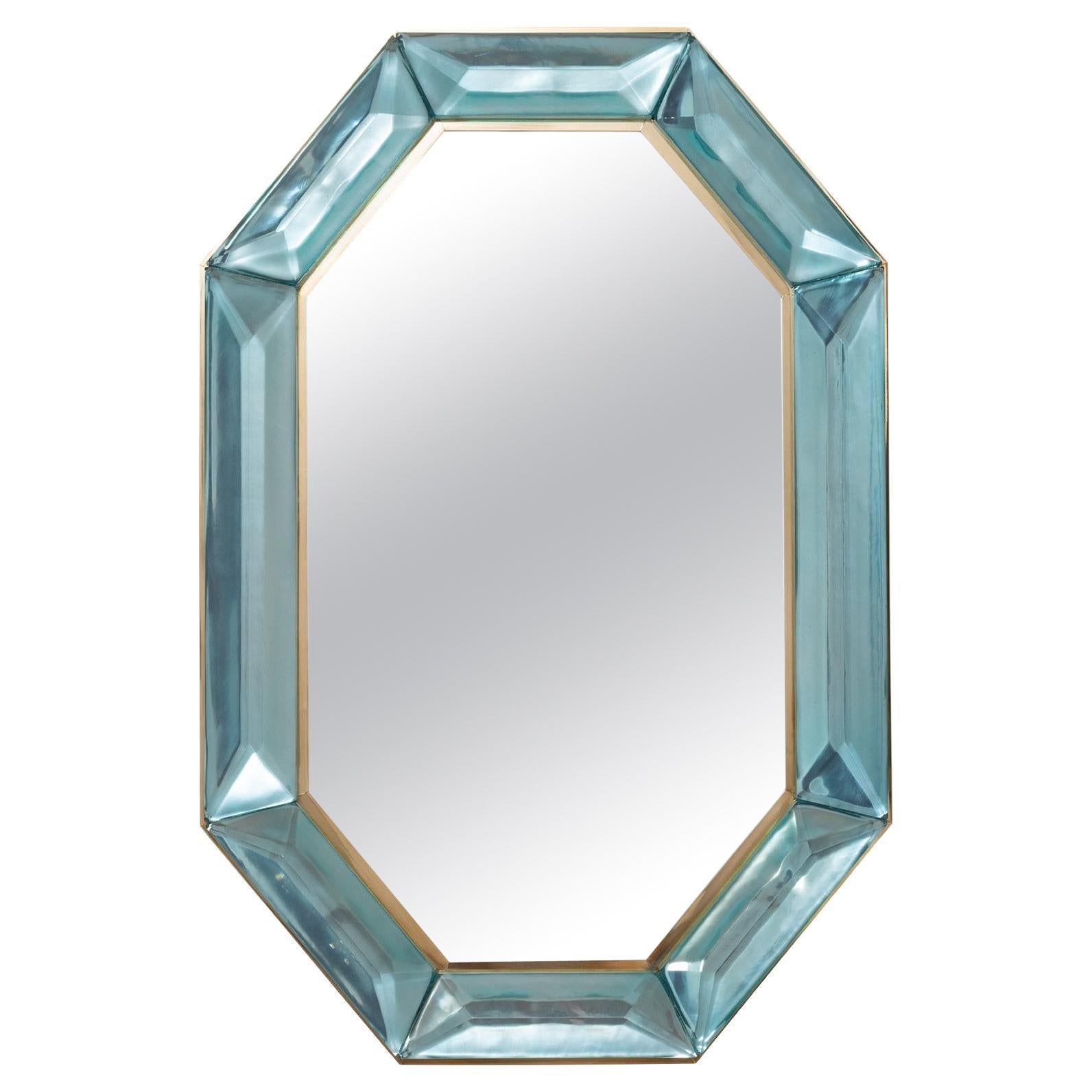 Bespoke Octagonal Tiffany Blue Murano Glass and Brass Mirror, in Stock For Sale