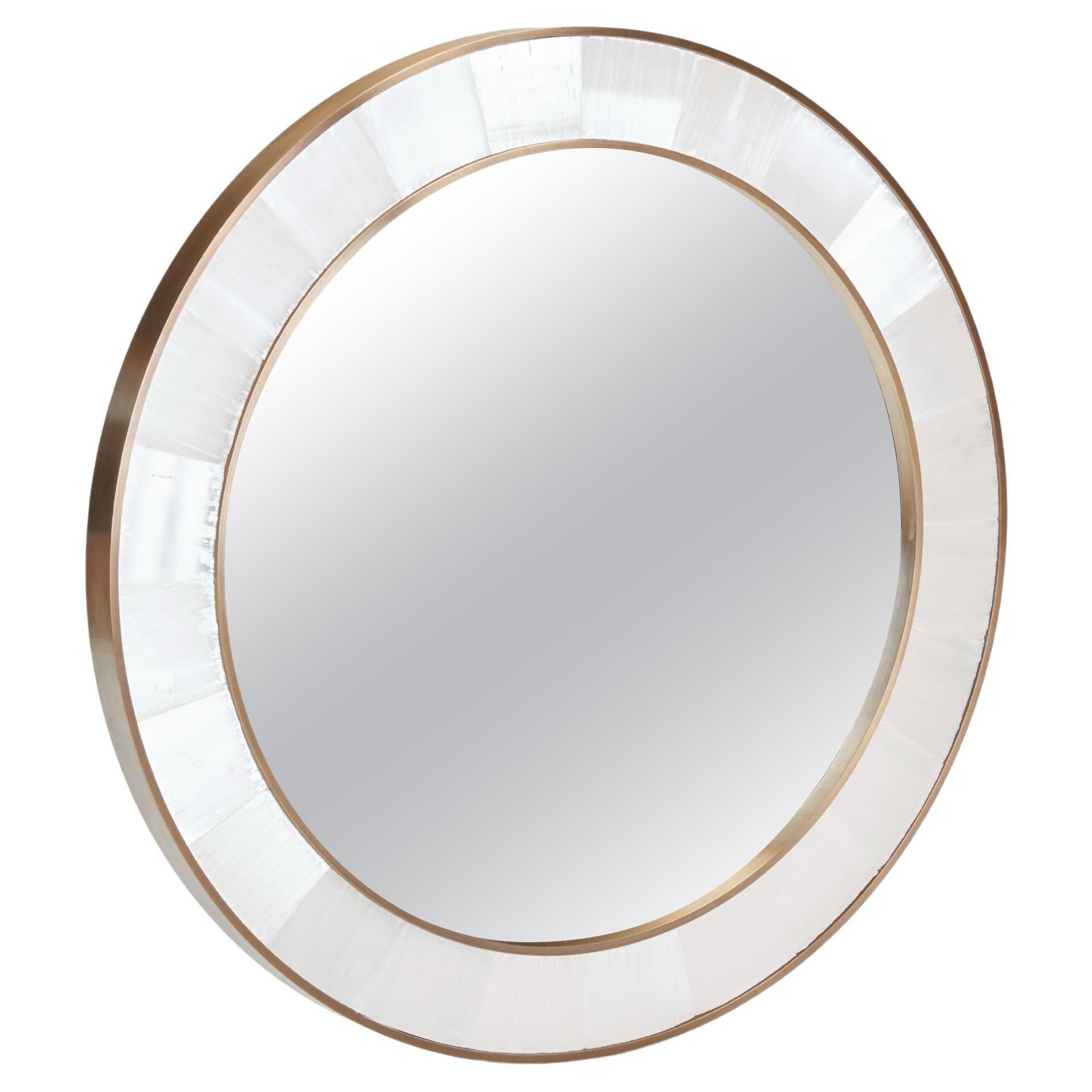 Circular Selenite and Brass Mirror 39.37" diameter Handmade in UK Contemporary For Sale