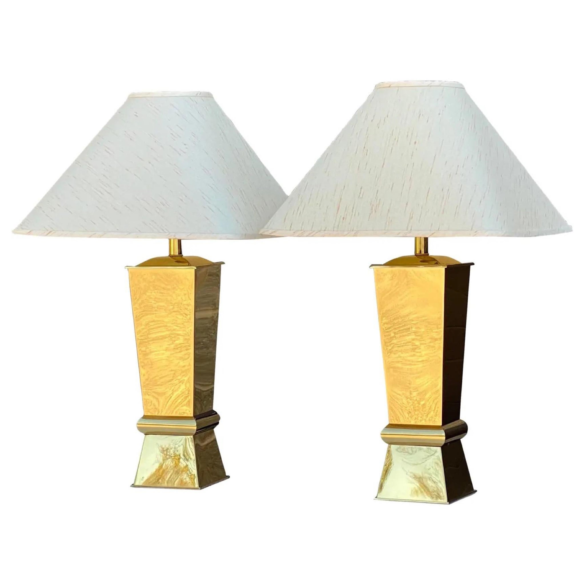 Pair 1980s Sculptural Brass Lamps With Original Shades
