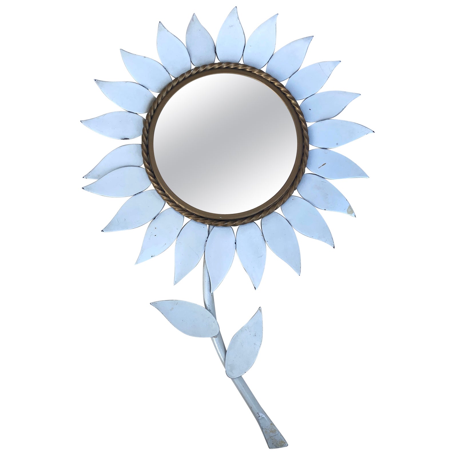 French White Metal Flower Mirror, circa 1960 For Sale