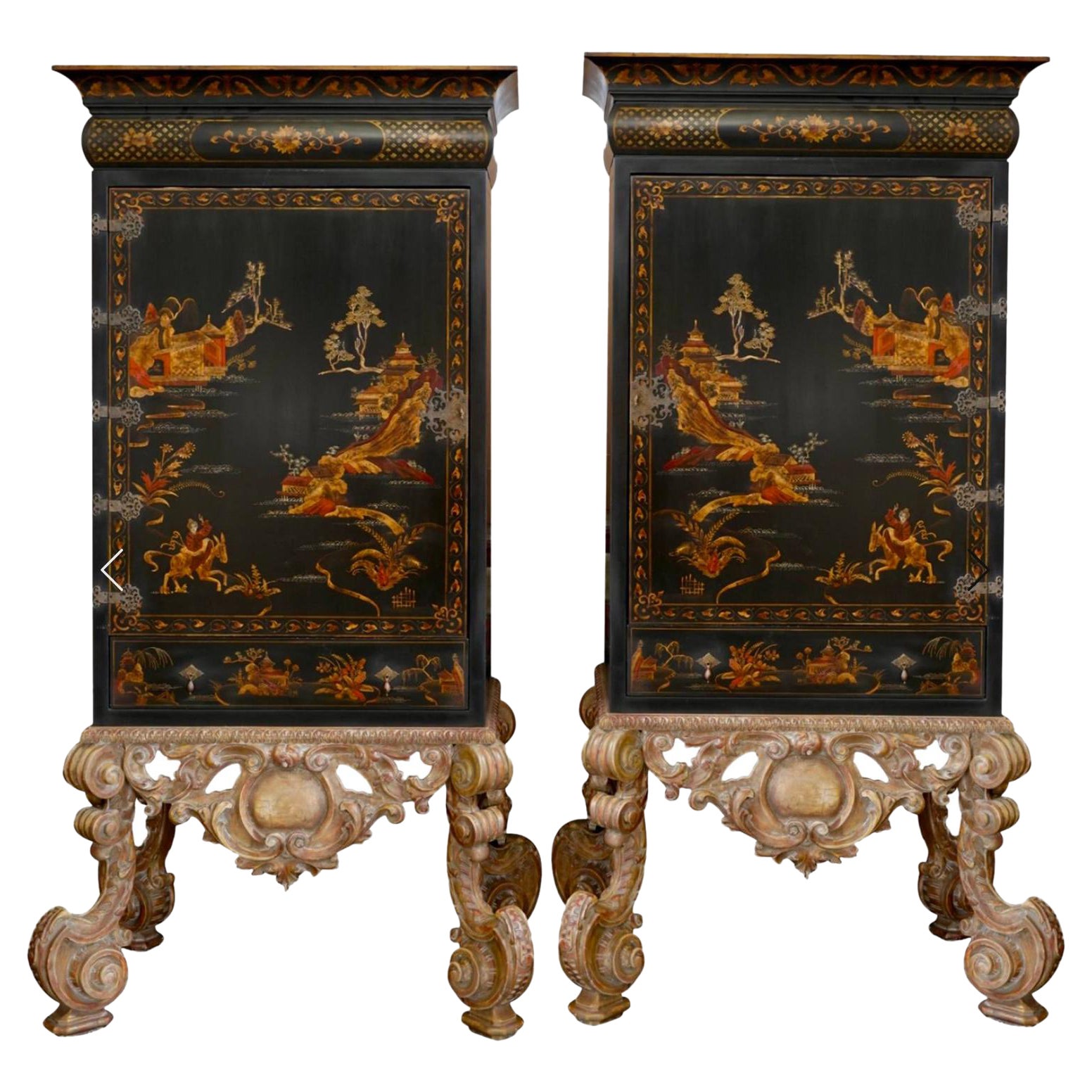 Pair of Hendrix Allardyce 18c Style Georgian Chinoiserie Giltwood Cabinets 