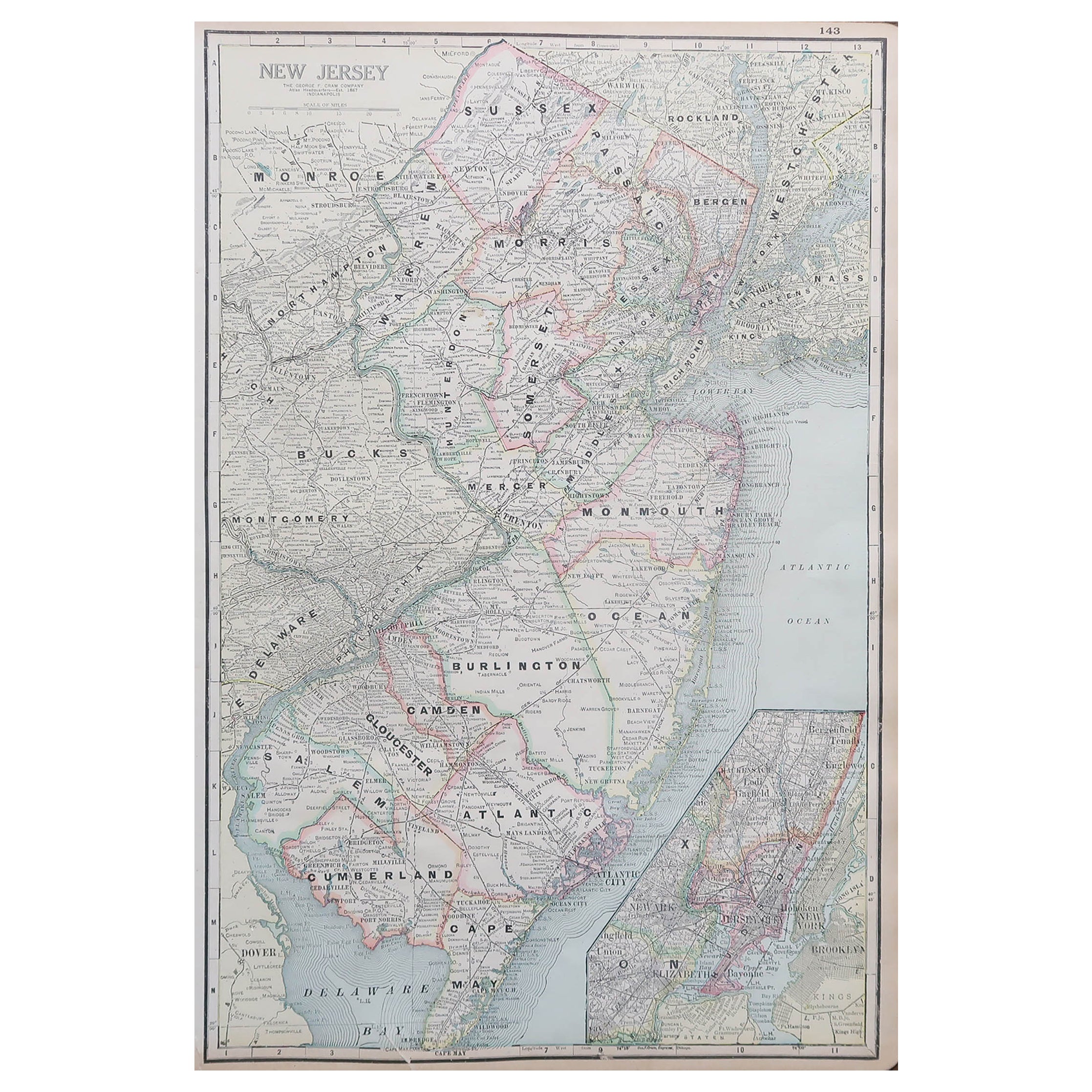 Grande carte ancienne du New Jersey, USA, circa 1900