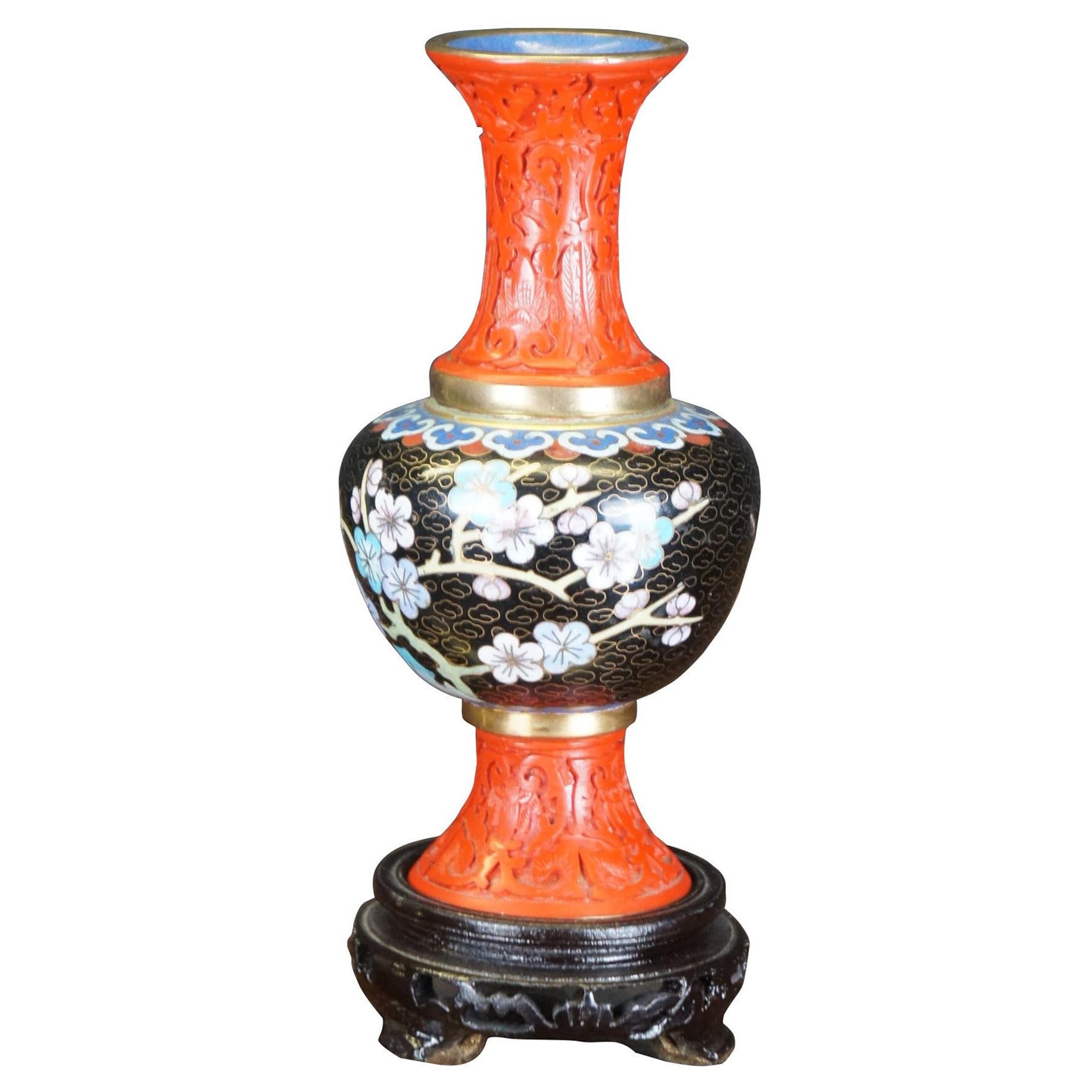 Antique Chinese Cinnabar Cloisonne Enameled Cherry Blossom Bud Vase 7" For Sale