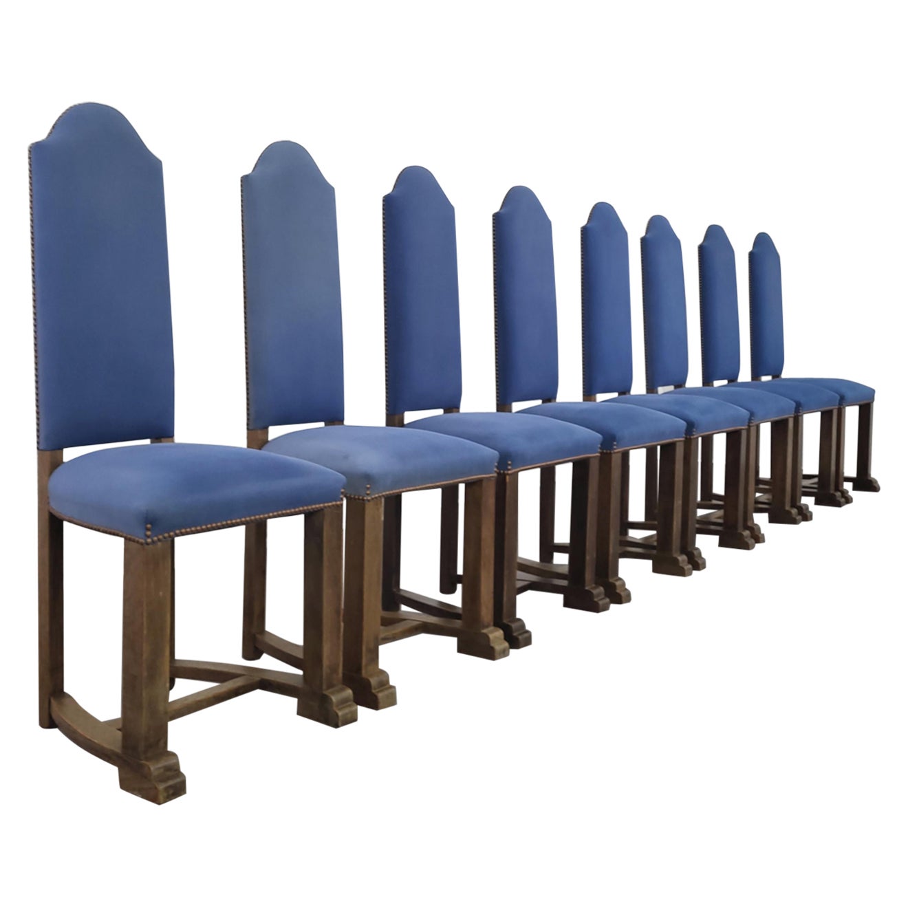 Ensemble de 8 chaises françaises anciennes de style Louis XIII en bois et tissu