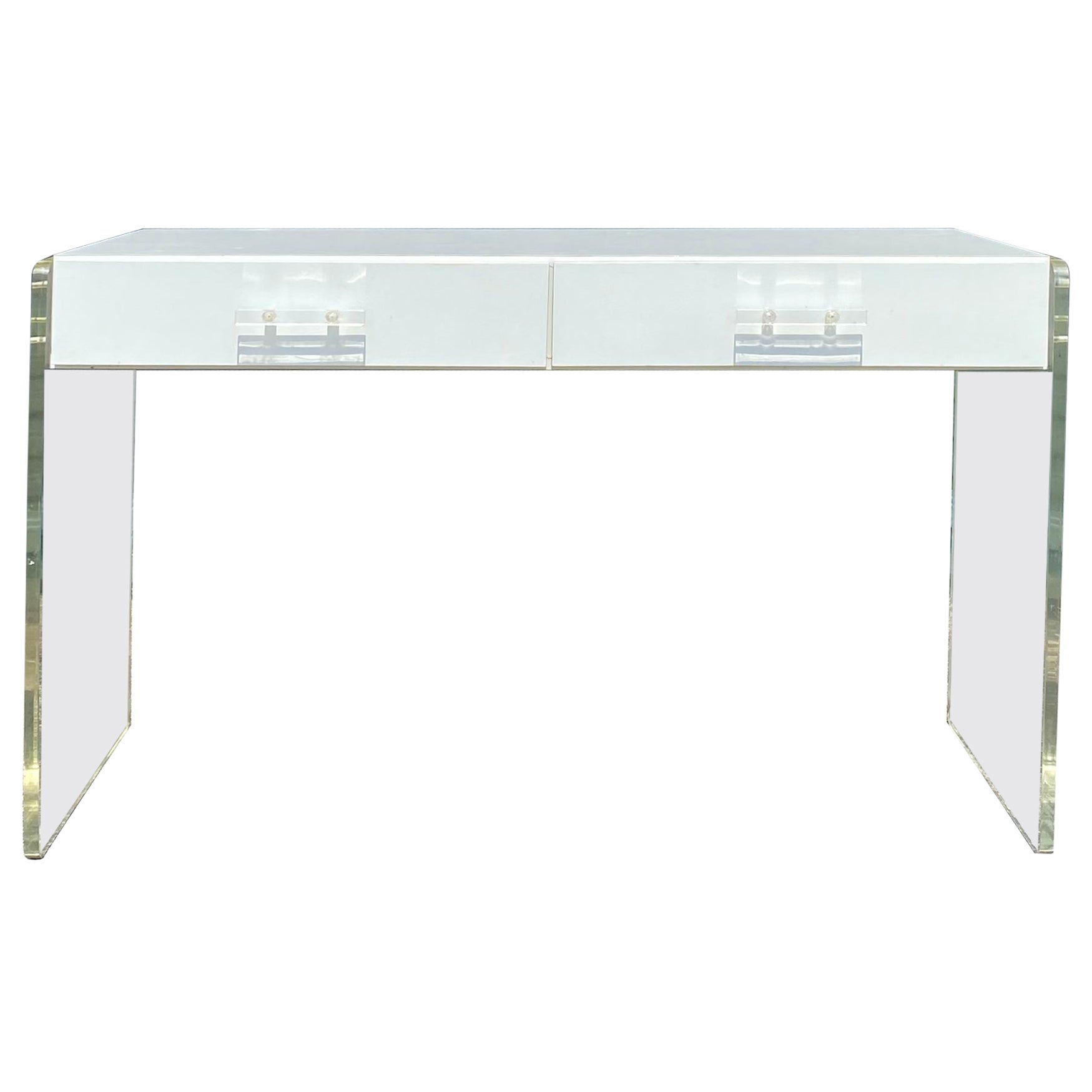 1970s White Lucite Wood Floating Desk Console Table