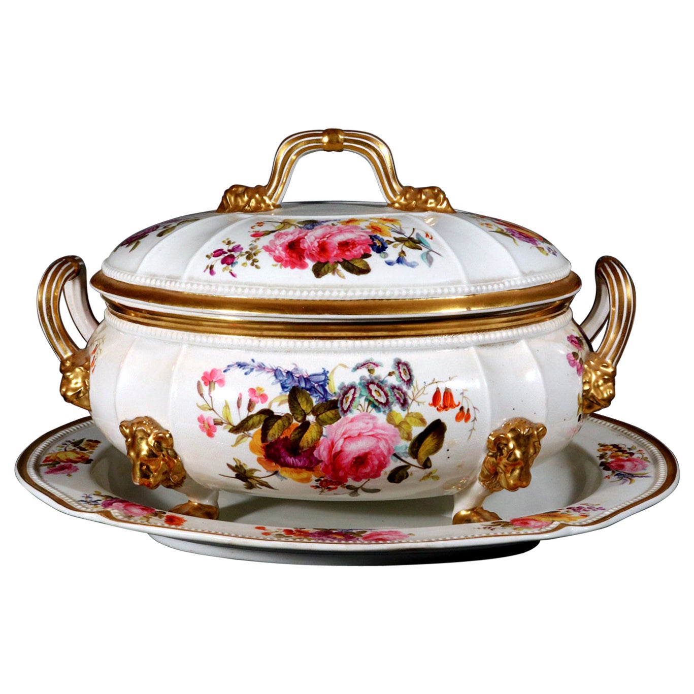 Derby Porcelain Large Botanical Soup Tureen, Cover & Stand