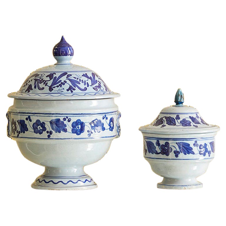 Vintage Ceramic Tureens with Blue Flower Decorations, Italy, Late 19th-Century For Sale
