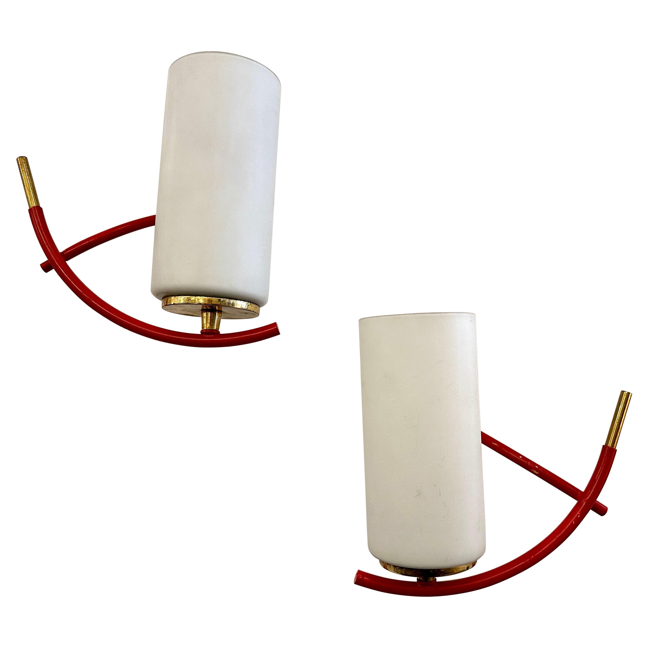 Maison Arlus Red Sconces w/ Brass & Cylinder Opaline Shades Art Deco, Pair