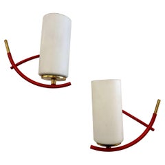 Maison Arlus Red Sconces w/ Brass & Cylinder Opaline Shades Art Deco, Pair