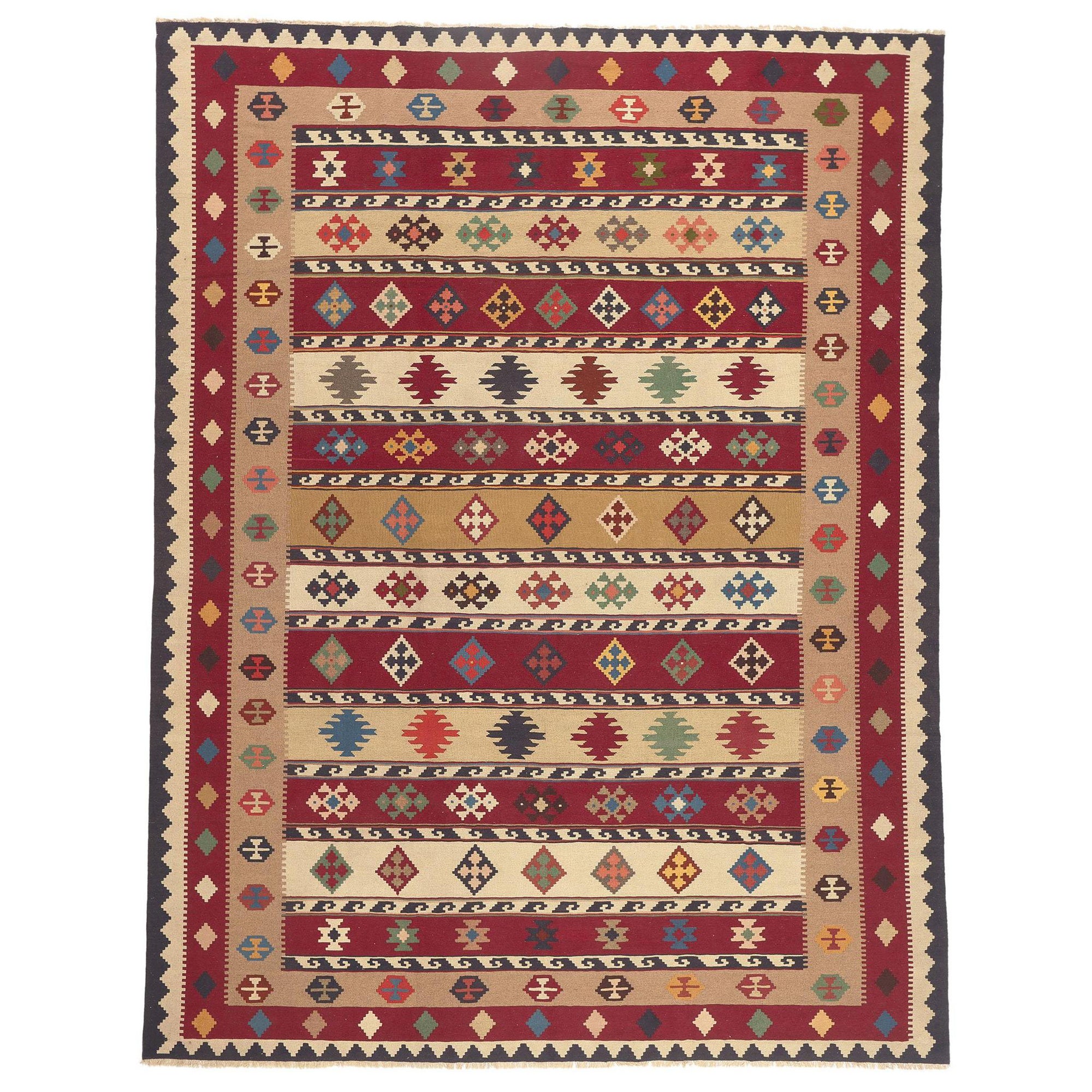Vintage Persian Shiraz Tribal Kilim Rug, Nomadic Charm Meets Southwest Style For Sale