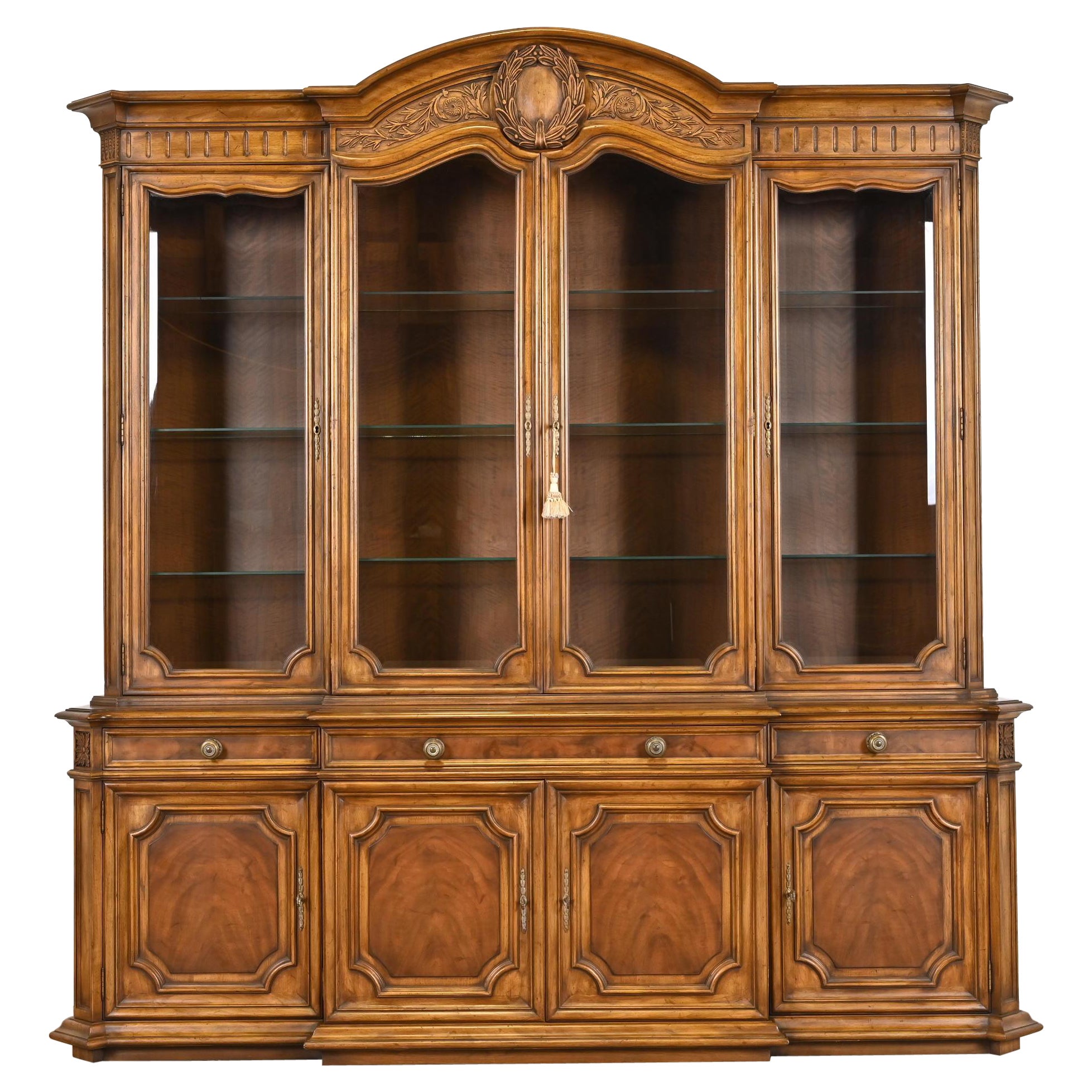 Karges French Regency Louis XVI Burled Walnut Breakfront Bookcase Cabinet, 1960s